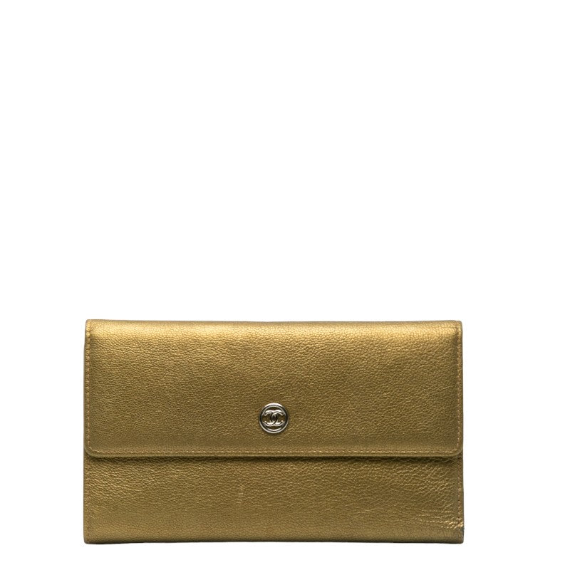 Chanel Cocomark Three Folded Wallet Long Wallet Metal Curry Leather CHANEL