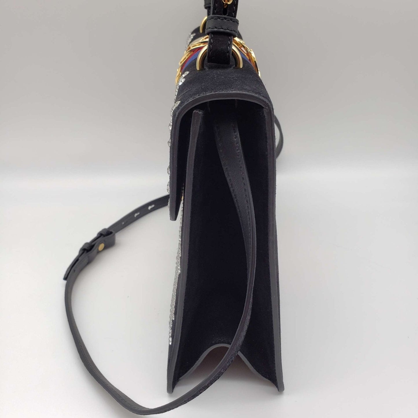 Gucci Sylvie Black Satin and Crystal Vintage Web Shoulder Bag