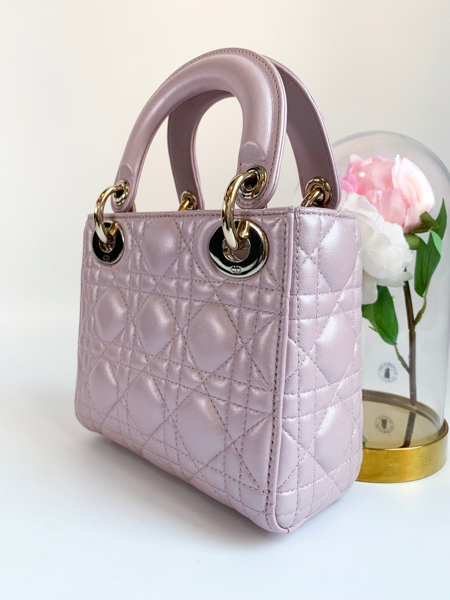 Christian Dior Metallic Calfskin Cannage Mini Lady Dior Pink
