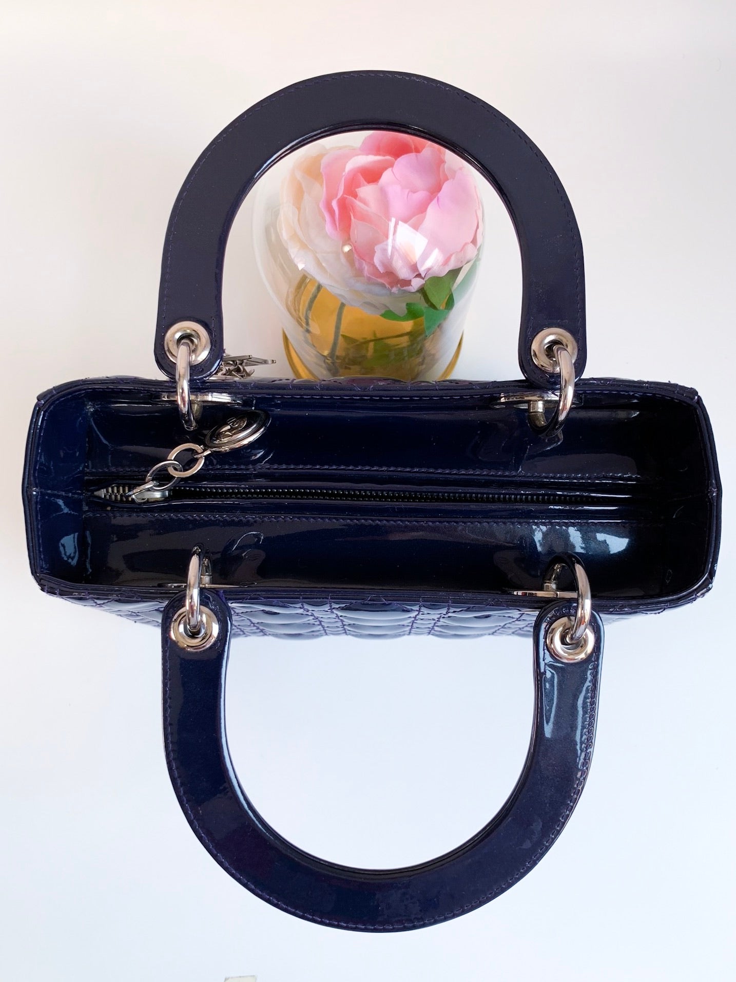 Christian Dior Patent Cannage Medium Lady Dior Navy Blue Silver Hardware