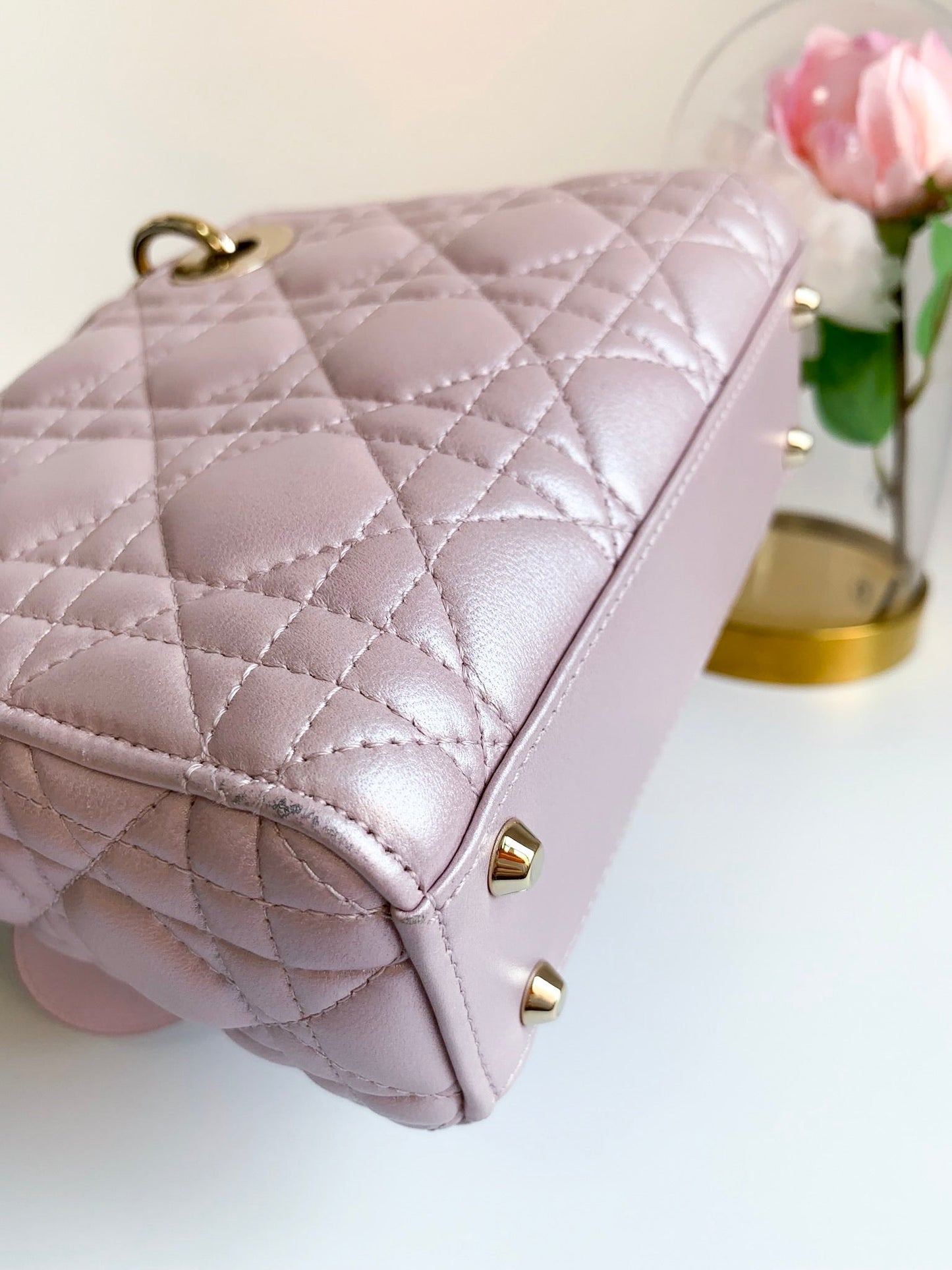 Christian Dior Metallic Calfskin Cannage Mini Lady Dior Pink