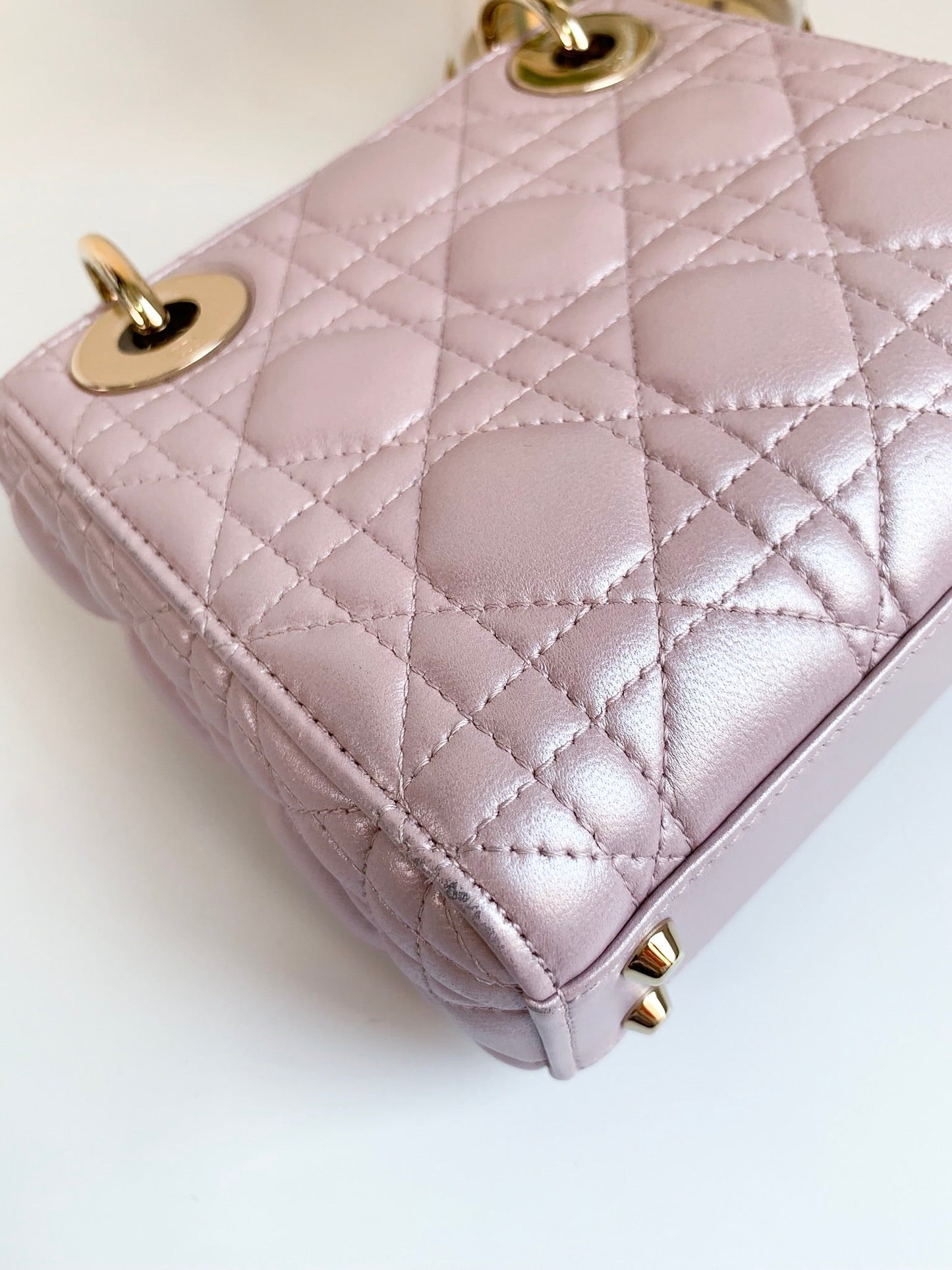 Christian Dior Metallic Calfskin Cannage Mini Lady Dior Pink