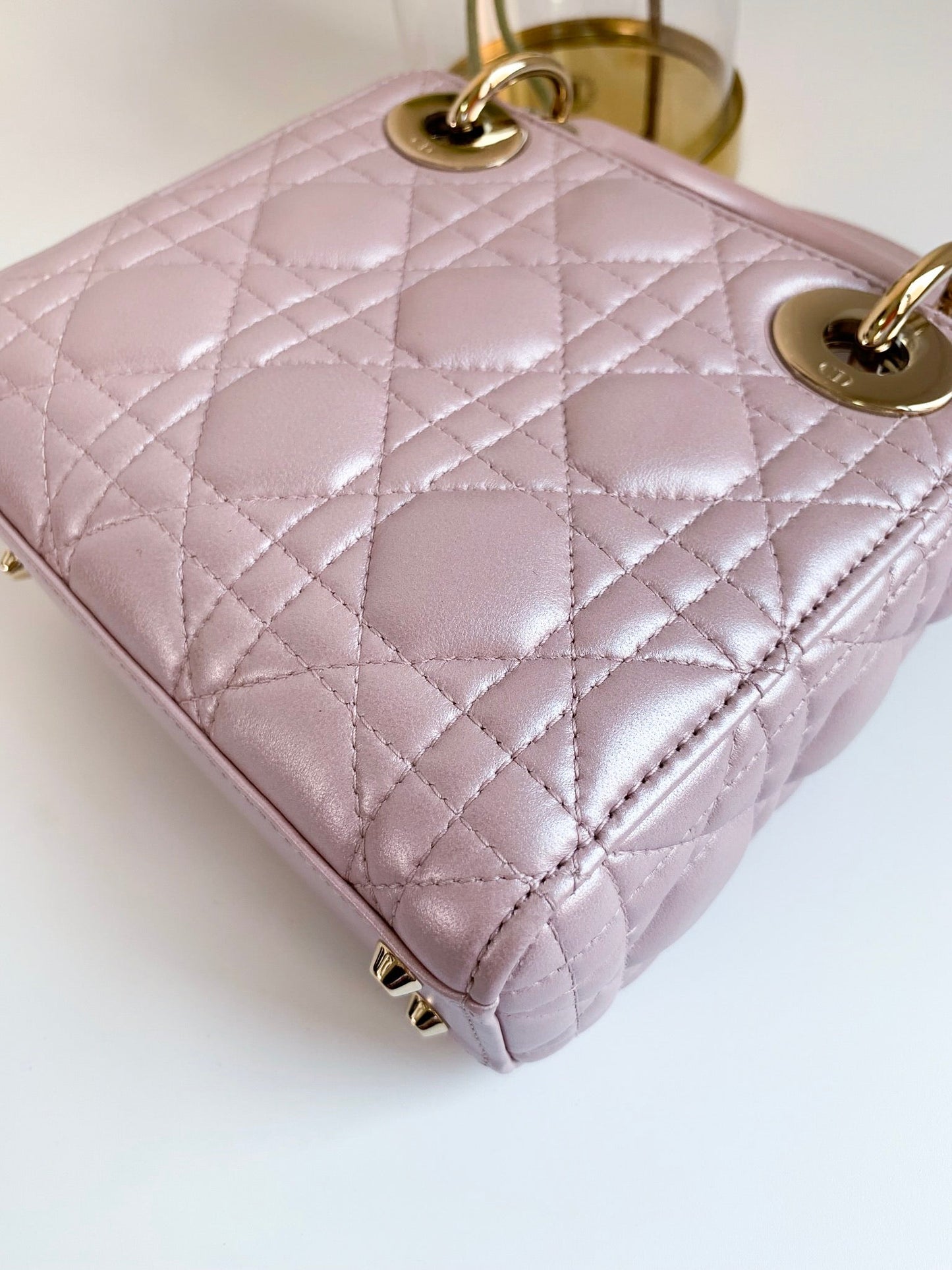 Christian Dior Metallic Calfskin Cannage Mini Lady Dior Pink