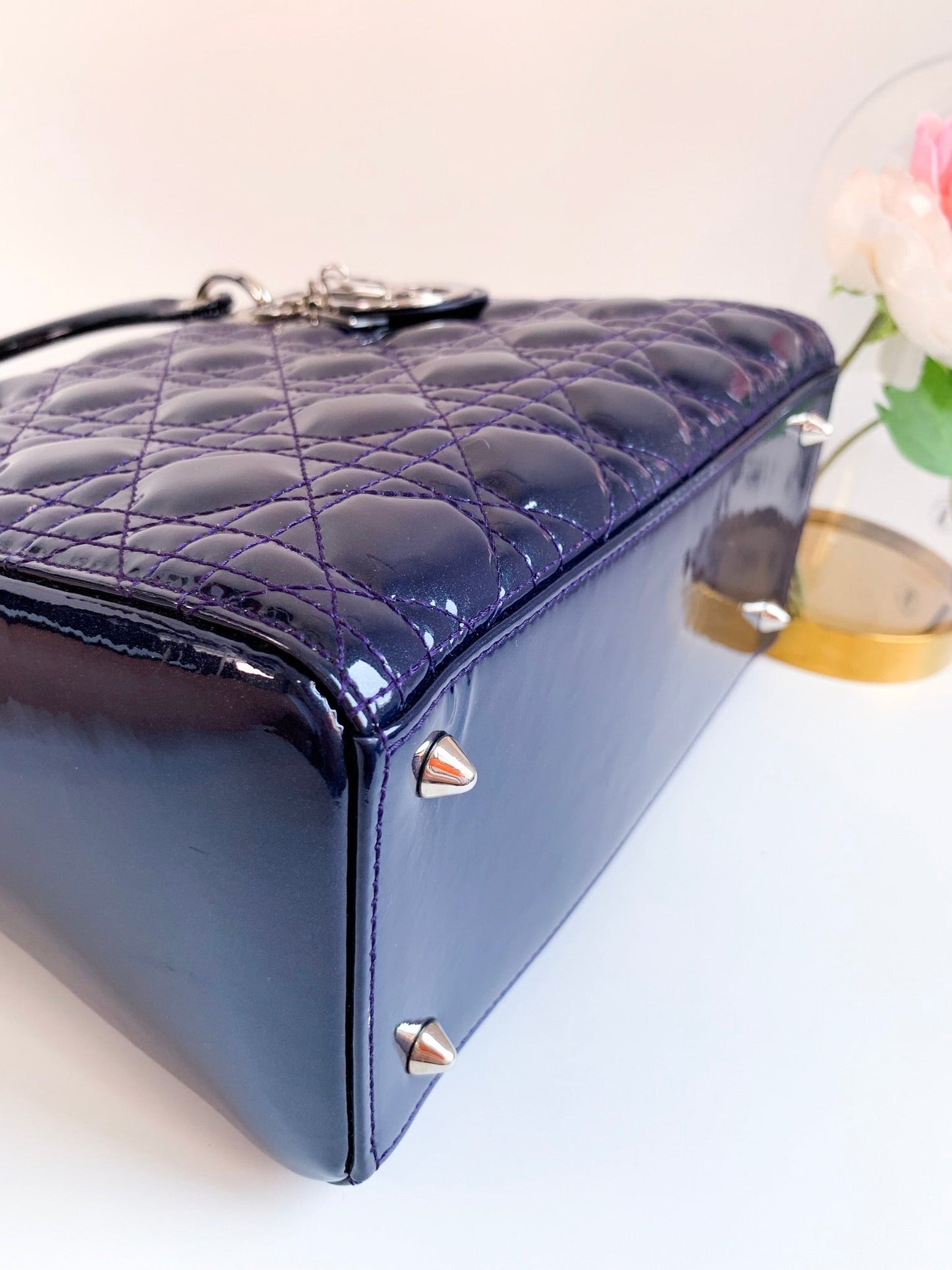 Christian Dior Patent Cannage Medium Lady Dior Navy Blue Silver Hardware