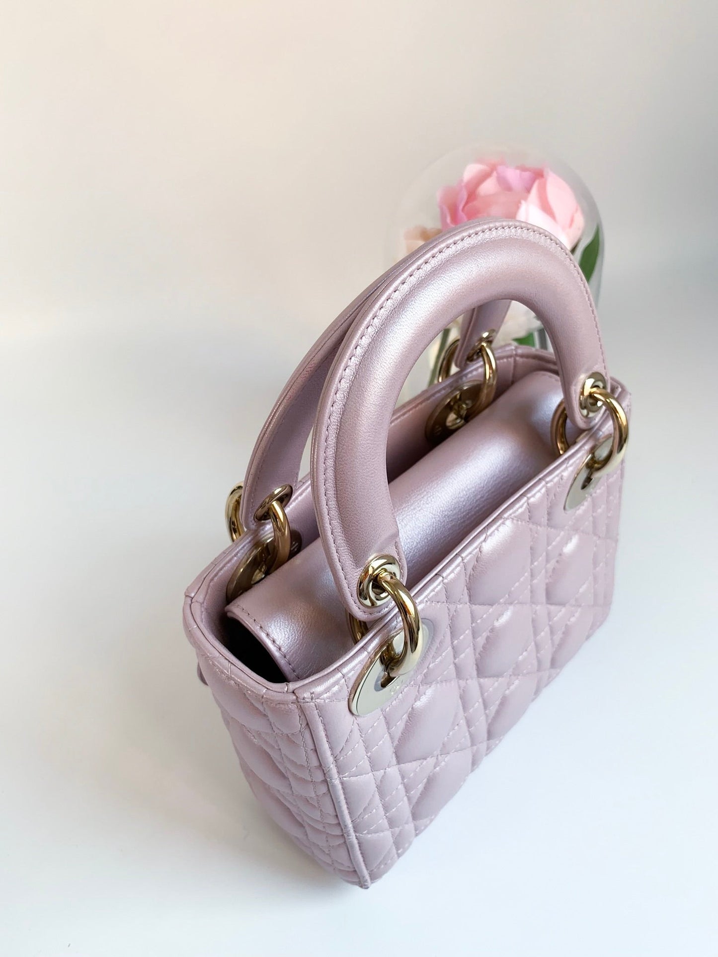Christian Dior Metallic Calfskin Cannage Mini Lady Dior Pink