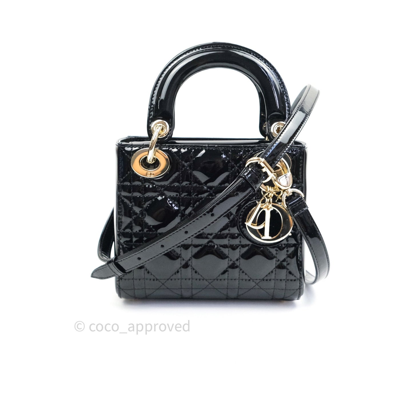 Christian Dior Mini Lady Dior Black Patent Light Gold Hardware