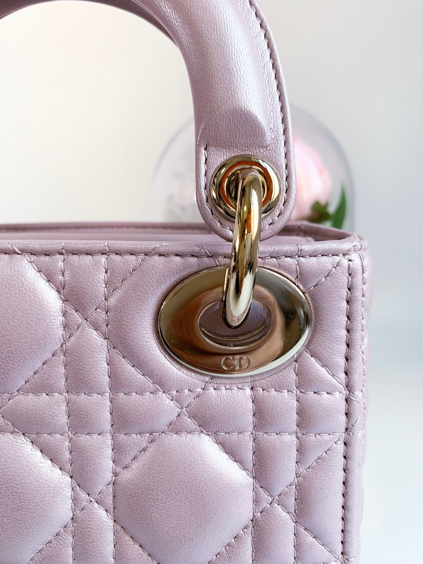 Christian Dior Metallic Calfskin Cannage Mini Lady Dior Pink