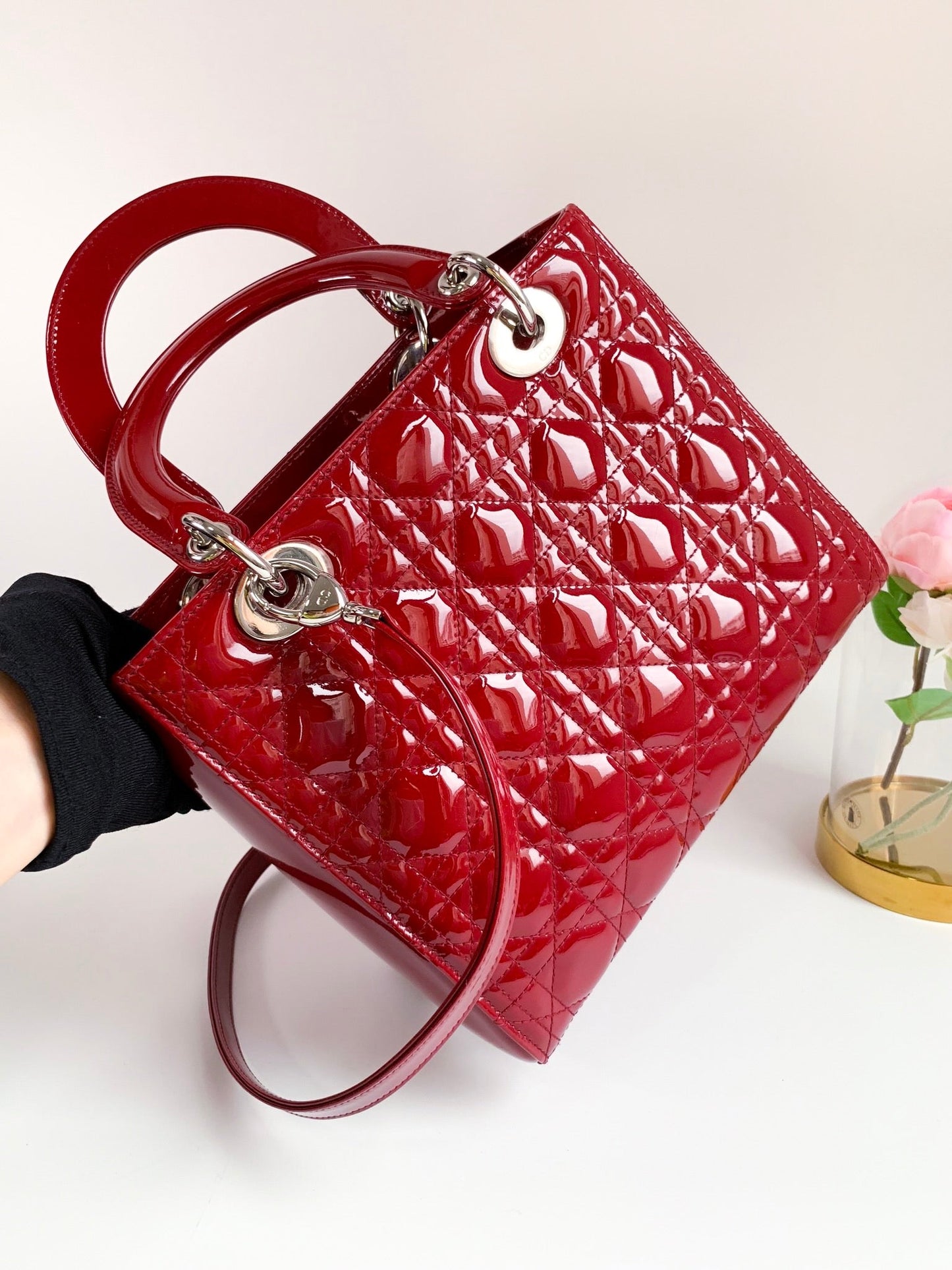 Christian Dior Patent Cannage Medium Lady Dior Red Silver Hardware