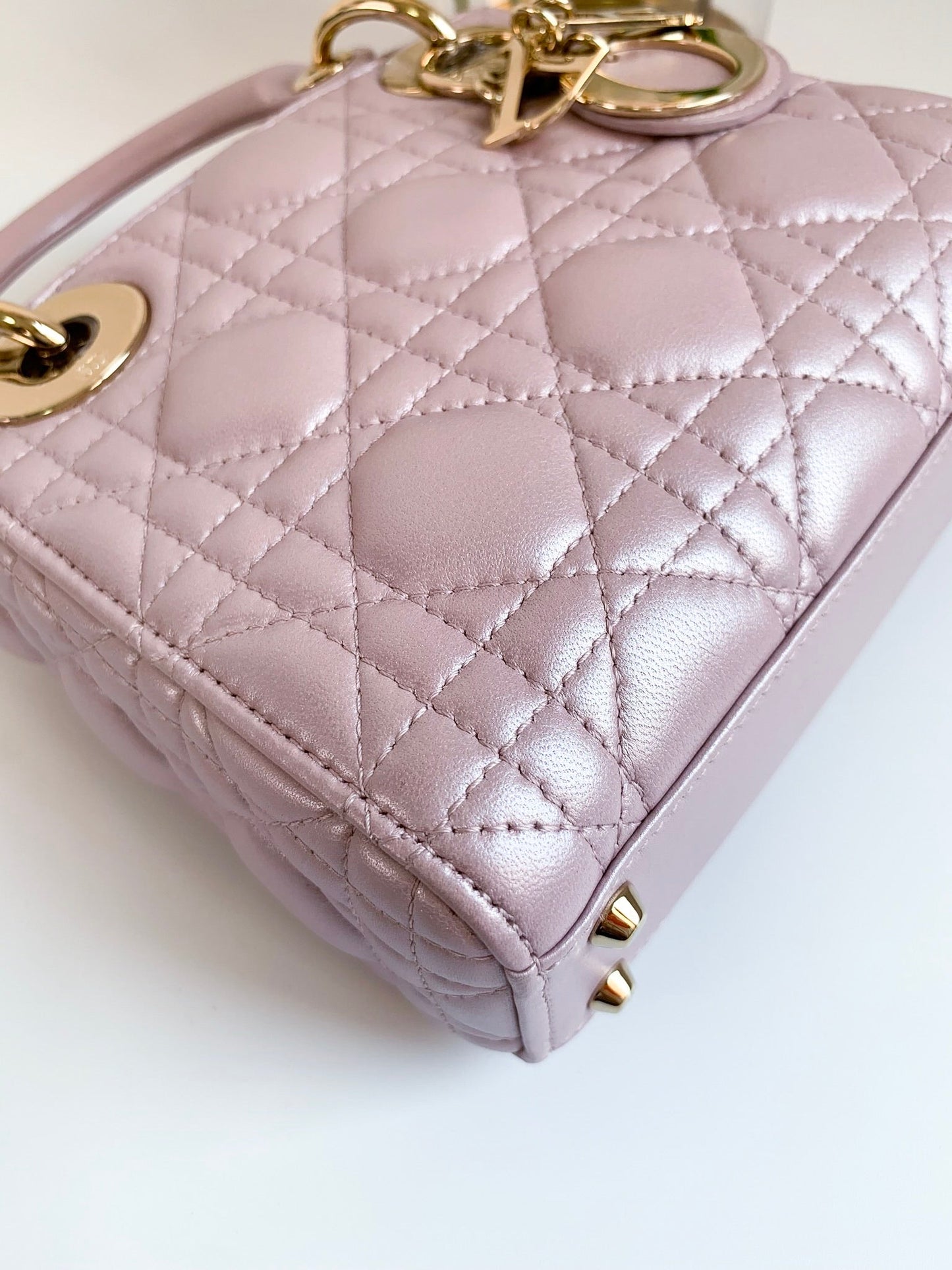 Christian Dior Metallic Calfskin Cannage Mini Lady Dior Pink