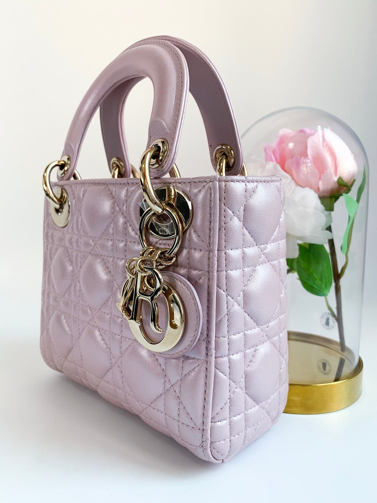 Christian Dior Metallic Calfskin Cannage Mini Lady Dior Pink