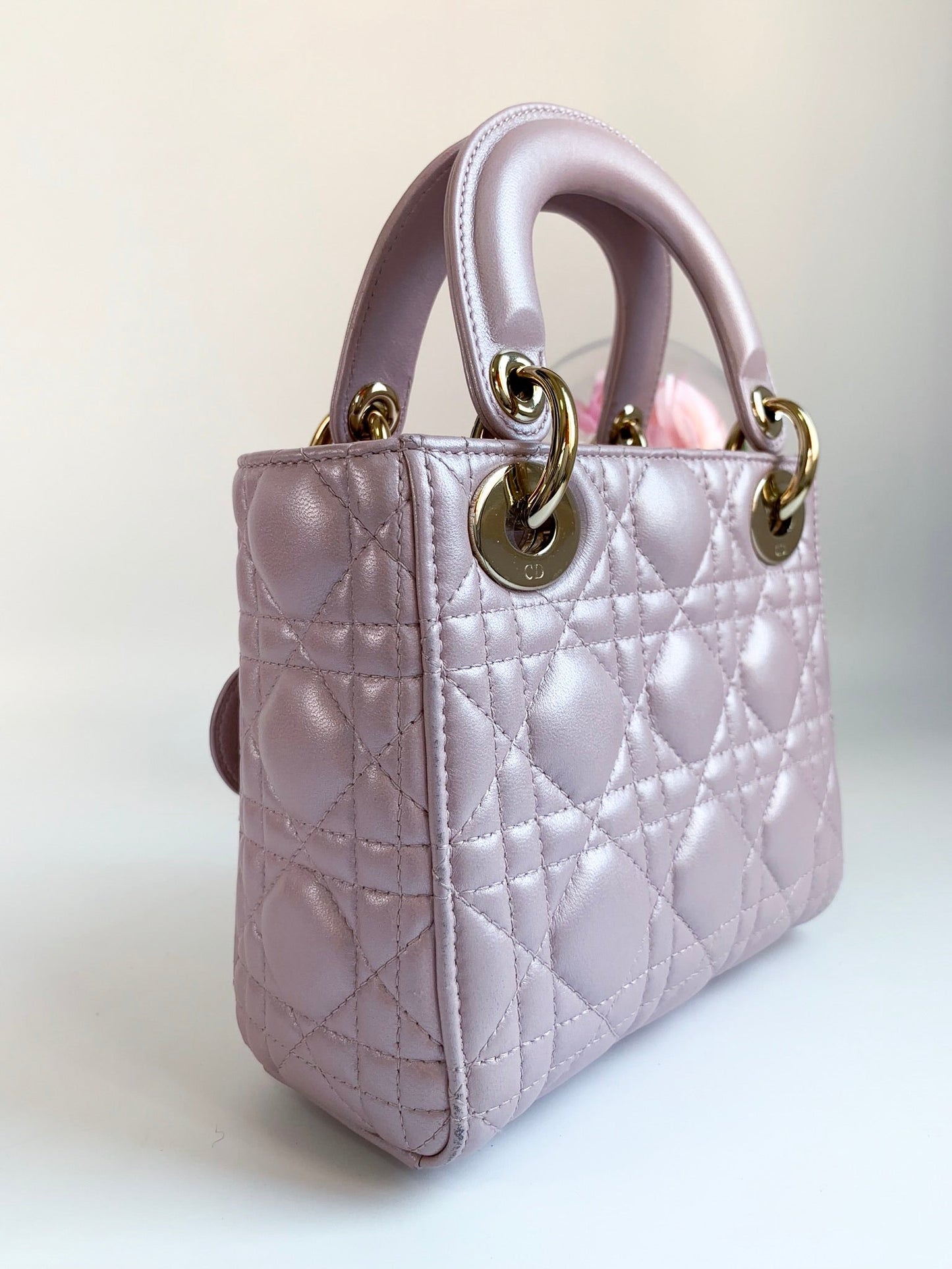 Christian Dior Metallic Calfskin Cannage Mini Lady Dior Pink