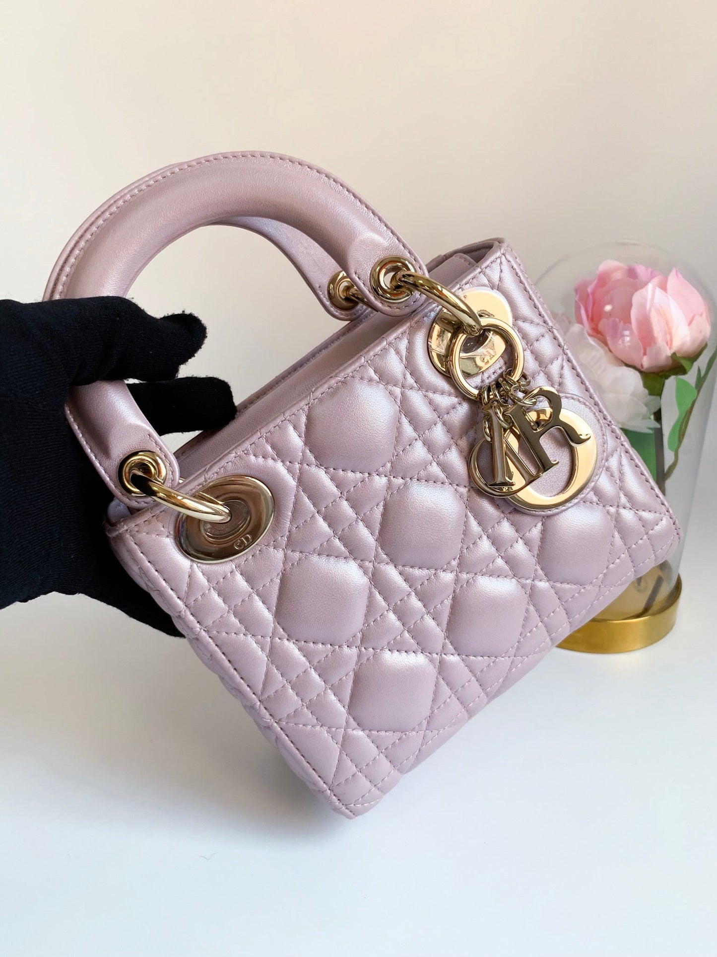 Christian Dior Metallic Calfskin Cannage Mini Lady Dior Pink