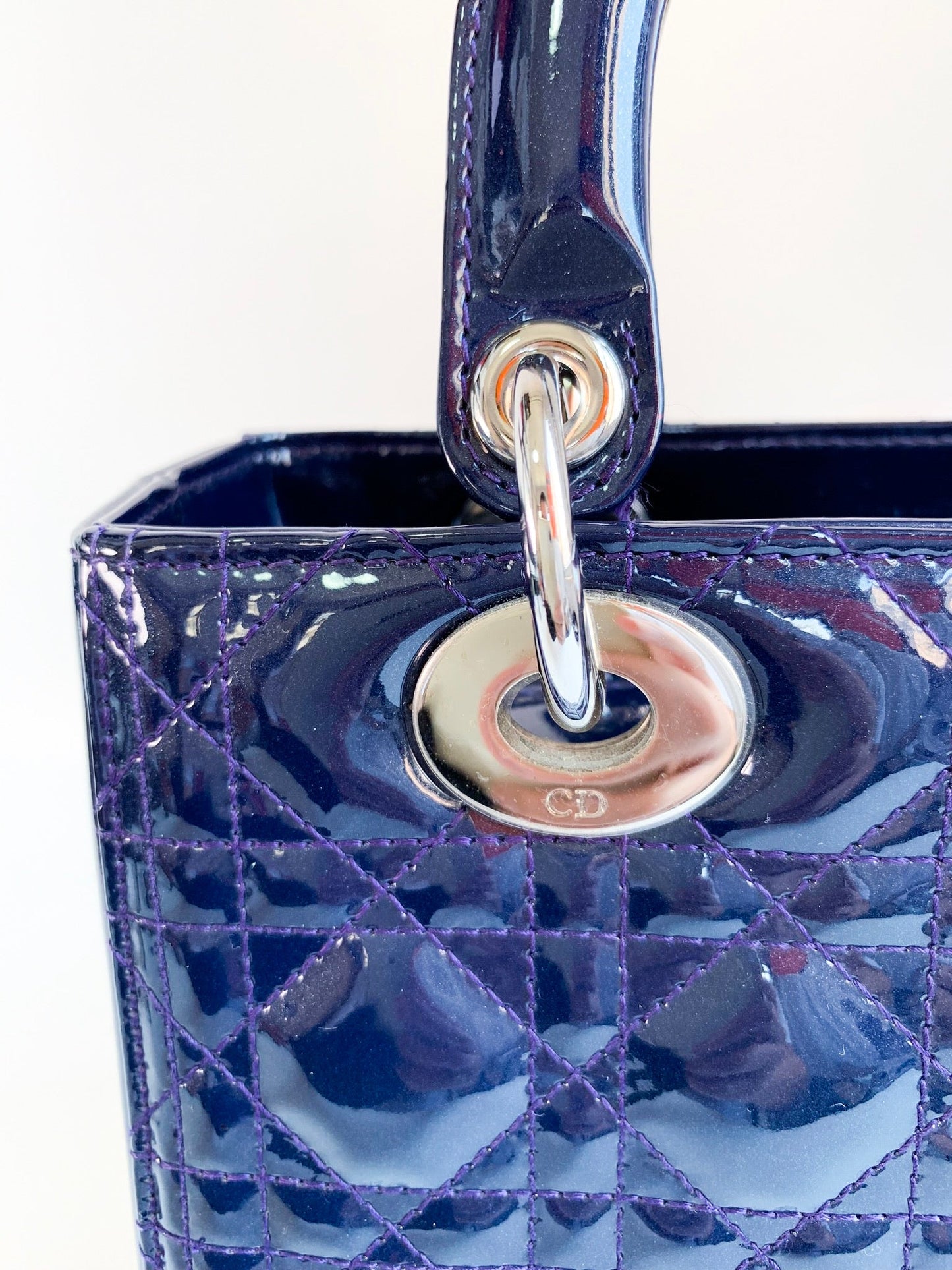 Christian Dior Patent Cannage Medium Lady Dior Navy Blue Silver Hardware