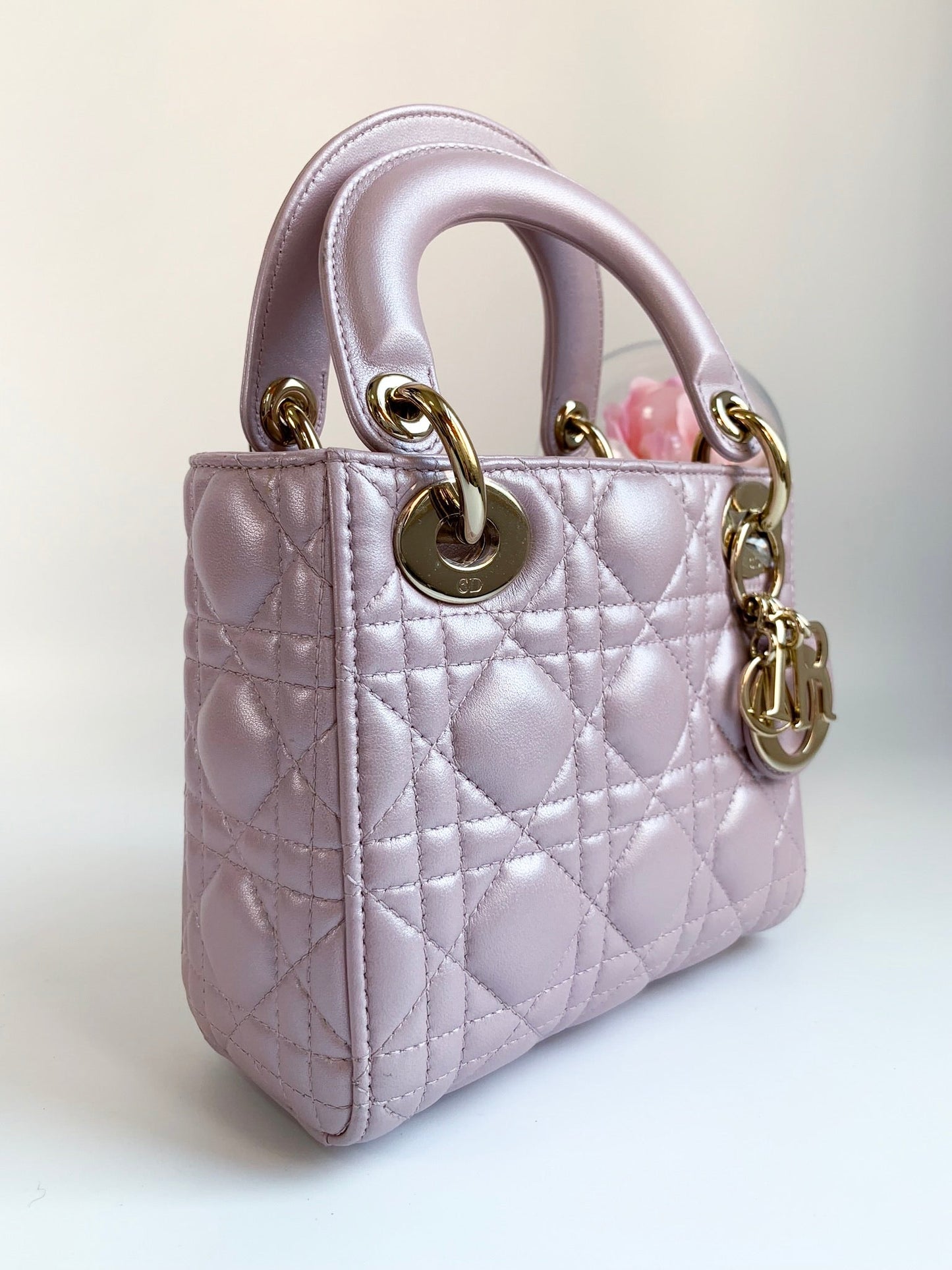 Christian Dior Metallic Calfskin Cannage Mini Lady Dior Pink