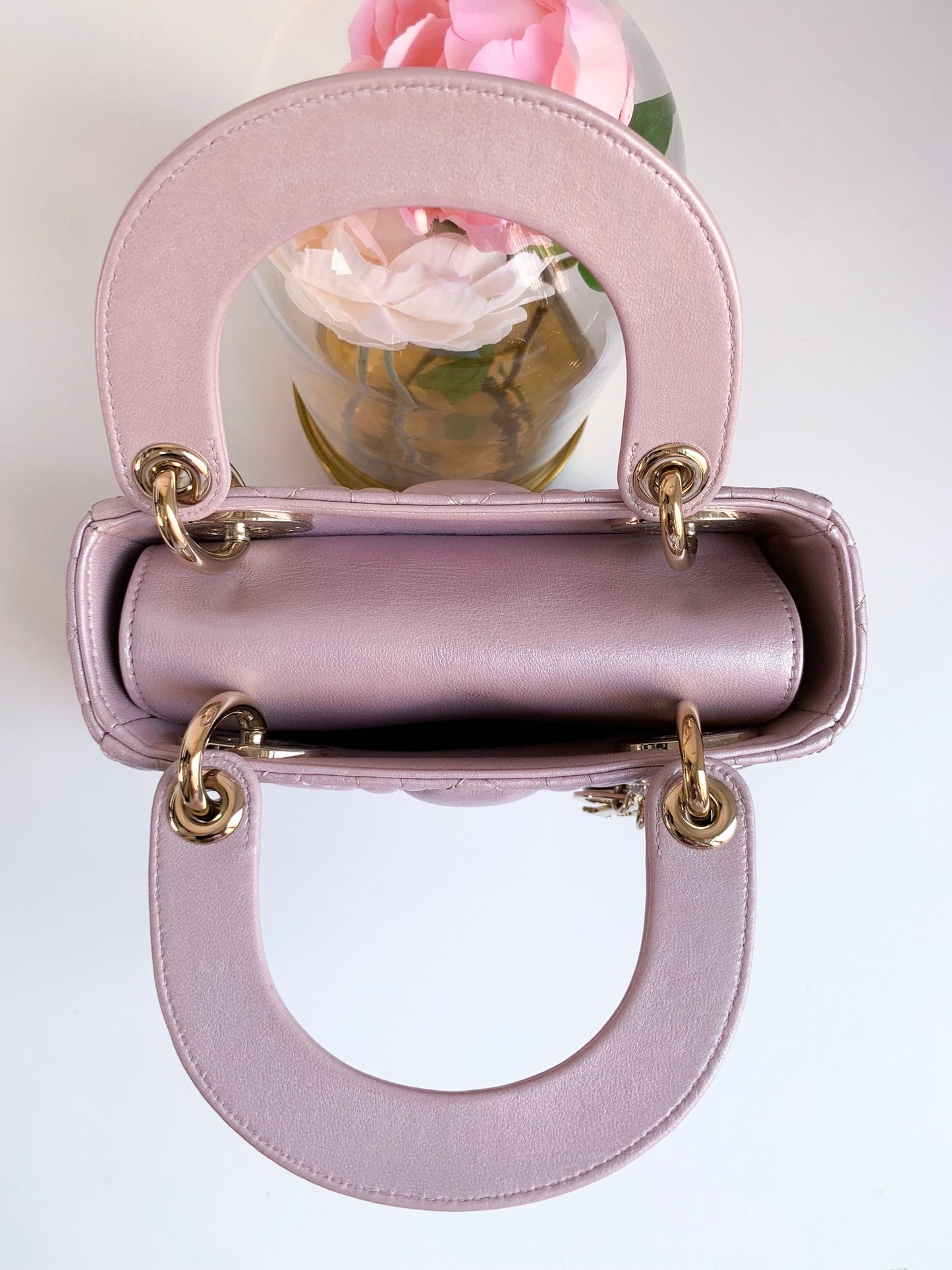 Christian Dior Metallic Calfskin Cannage Mini Lady Dior Pink