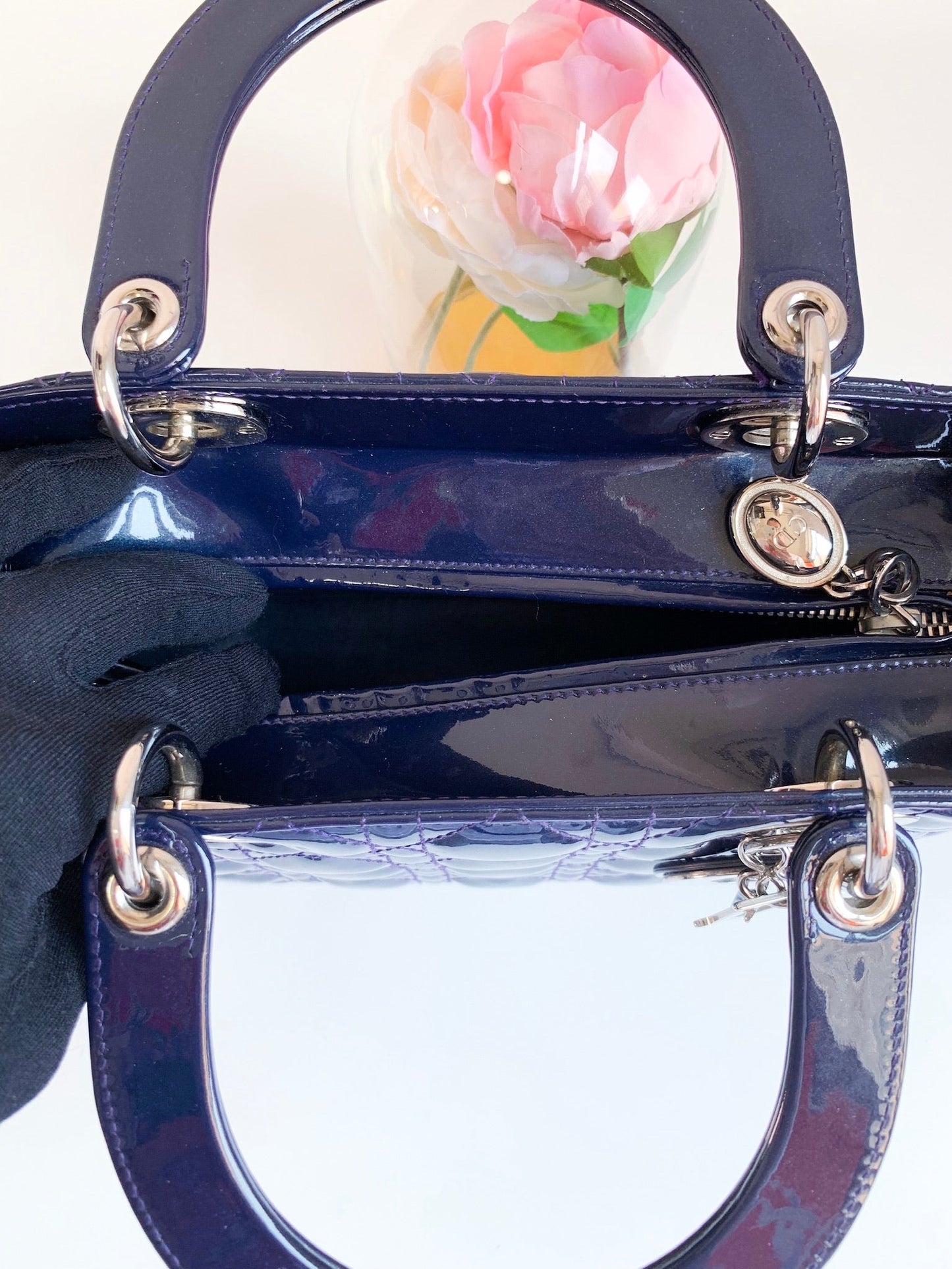 Christian Dior Patent Cannage Medium Lady Dior Navy Blue Silver Hardware