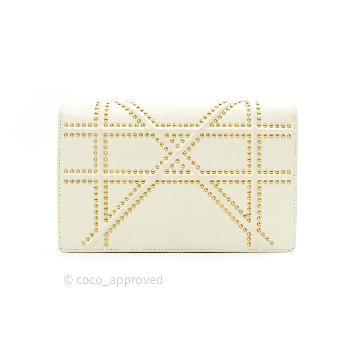 Christian Dior Diorama Wallet on Chain in White Calfskin Studded Gold