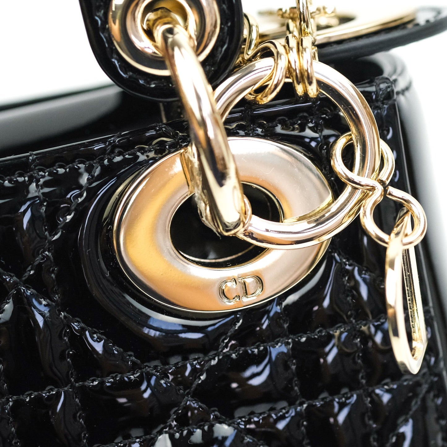 Christian Dior Mini Lady Dior Black Patent Light Gold Hardware