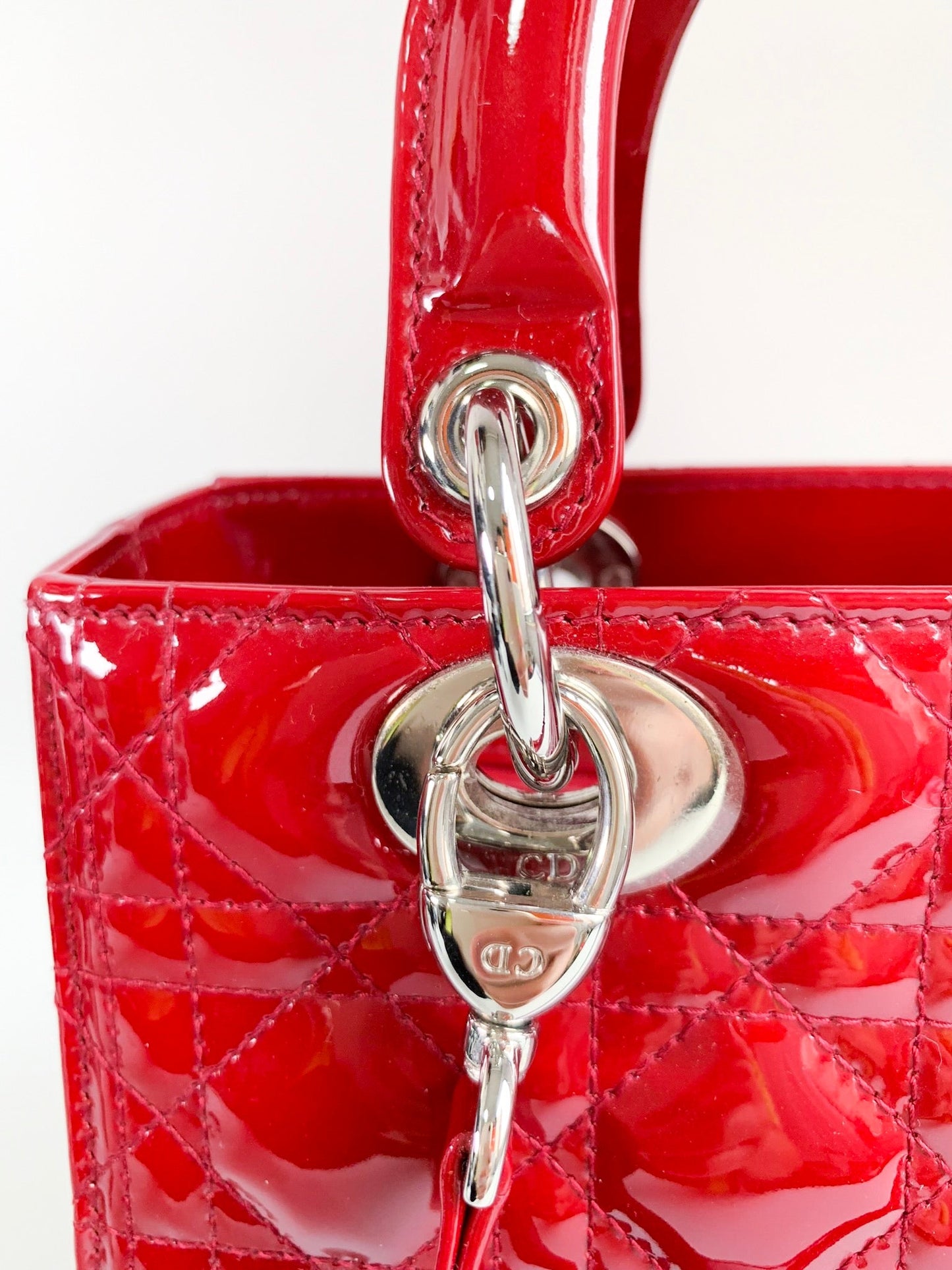 Christian Dior Patent Cannage Medium Lady Dior Red Silver Hardware