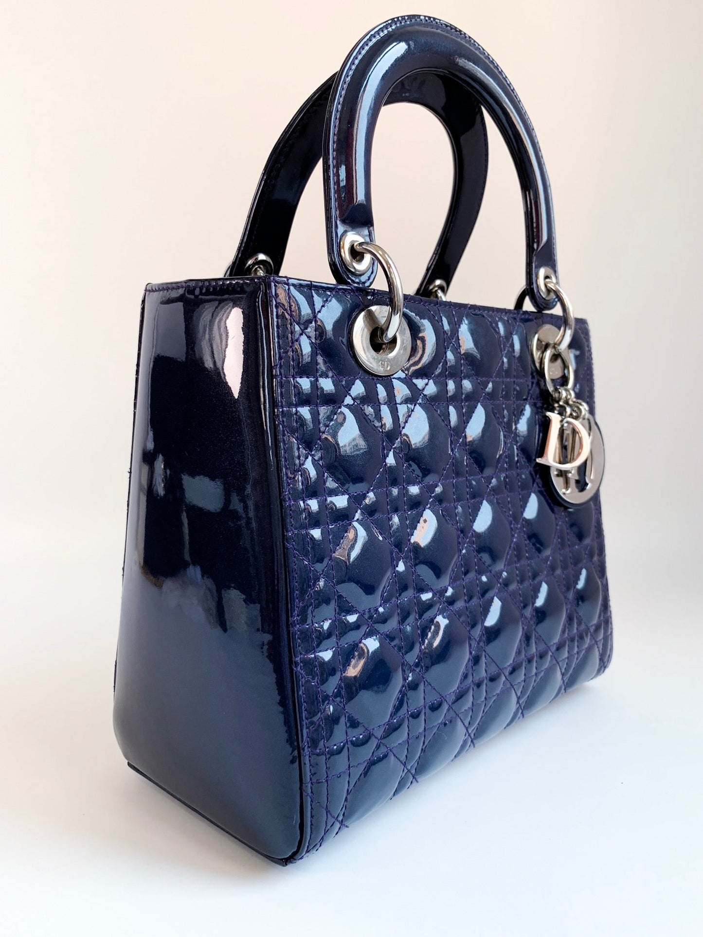 Christian Dior Patent Cannage Medium Lady Dior Navy Blue Silver Hardware