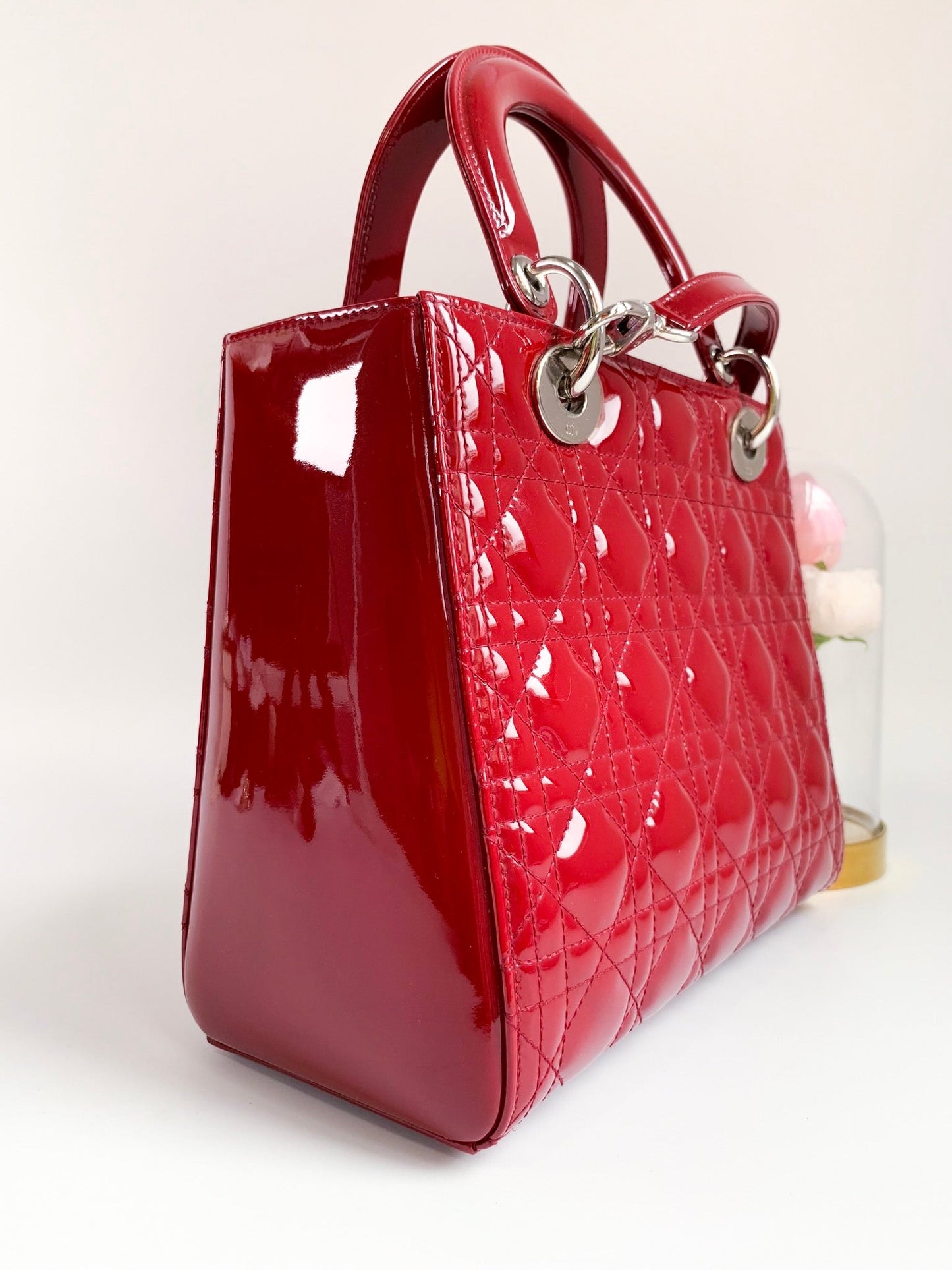 Christian Dior Patent Cannage Medium Lady Dior Red Silver Hardware
