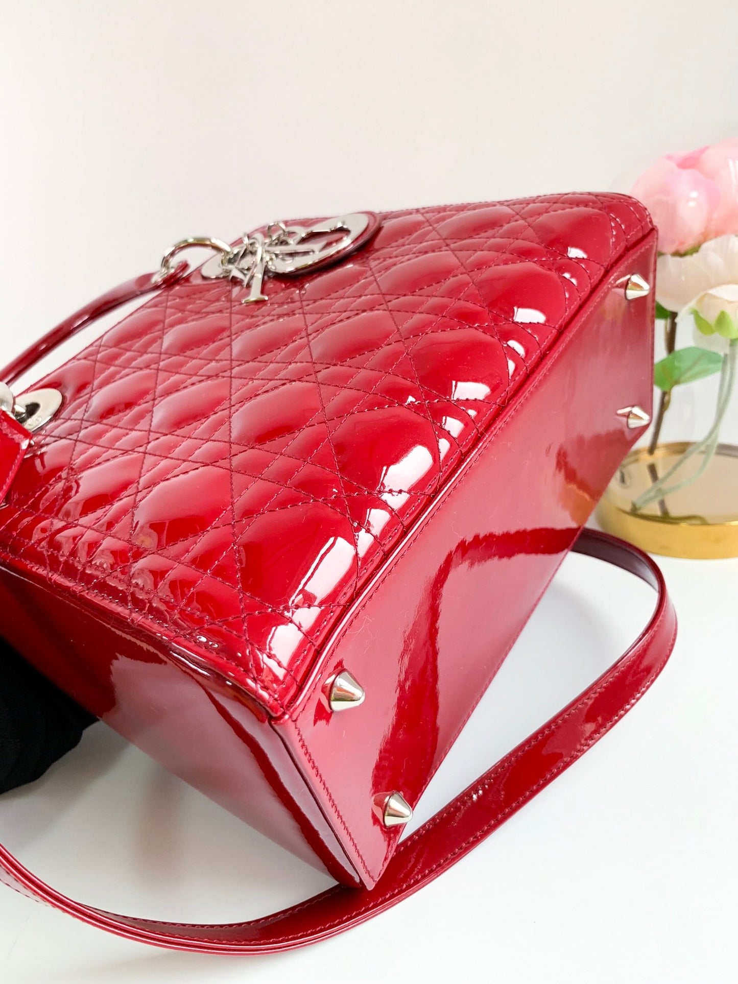 Christian Dior Patent Cannage Medium Lady Dior Red Silver Hardware