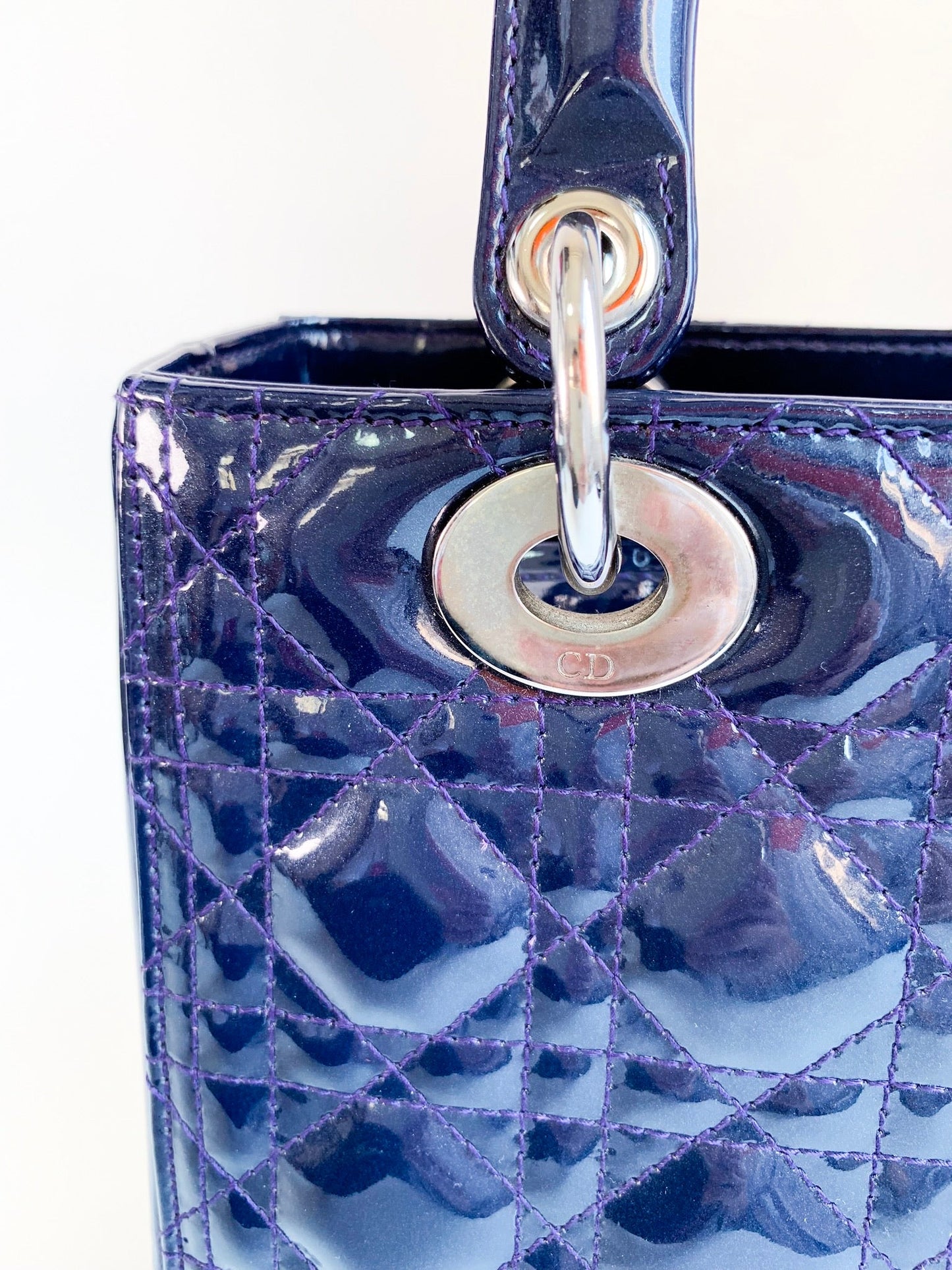 Christian Dior Patent Cannage Medium Lady Dior Navy Blue Silver Hardware