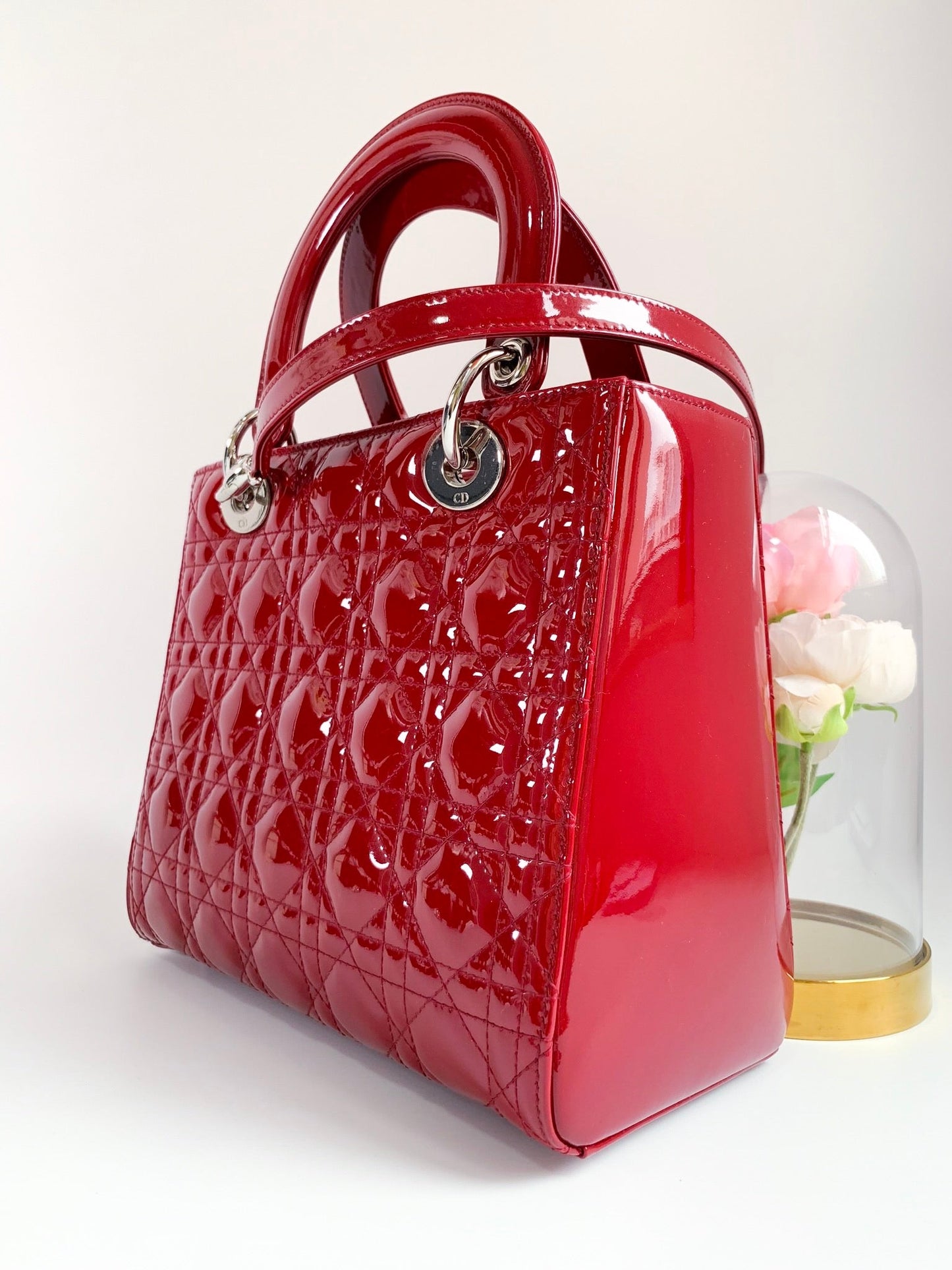 Christian Dior Patent Cannage Medium Lady Dior Red Silver Hardware
