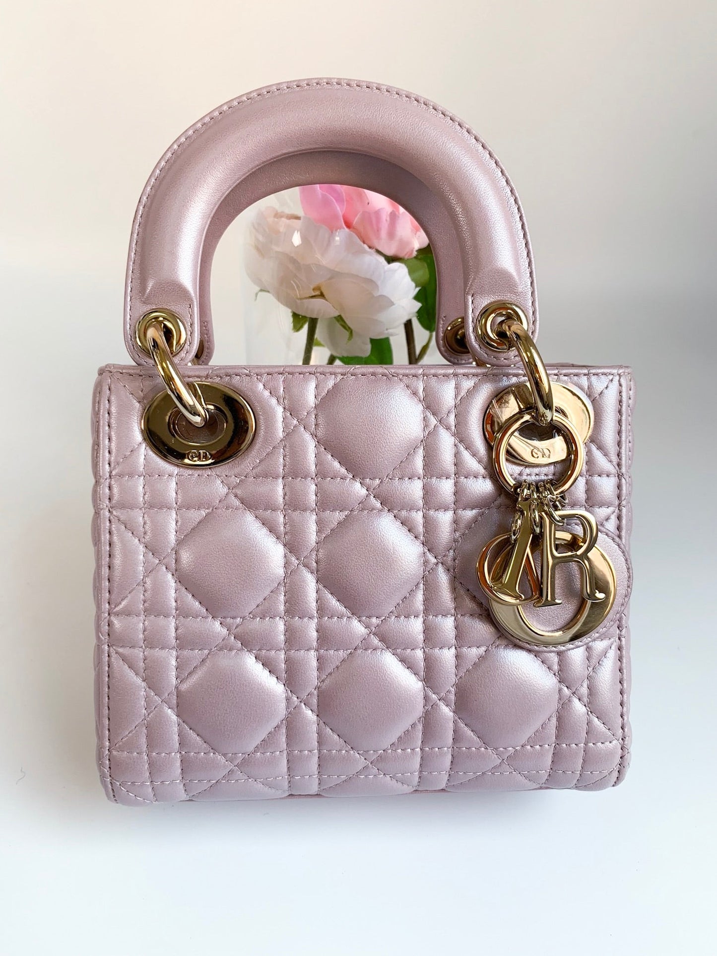 Christian Dior Metallic Calfskin Cannage Mini Lady Dior Pink