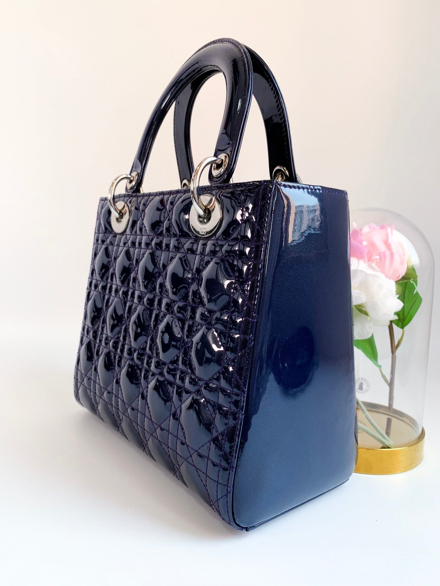 Christian Dior Patent Cannage Medium Lady Dior Navy Blue Silver Hardware