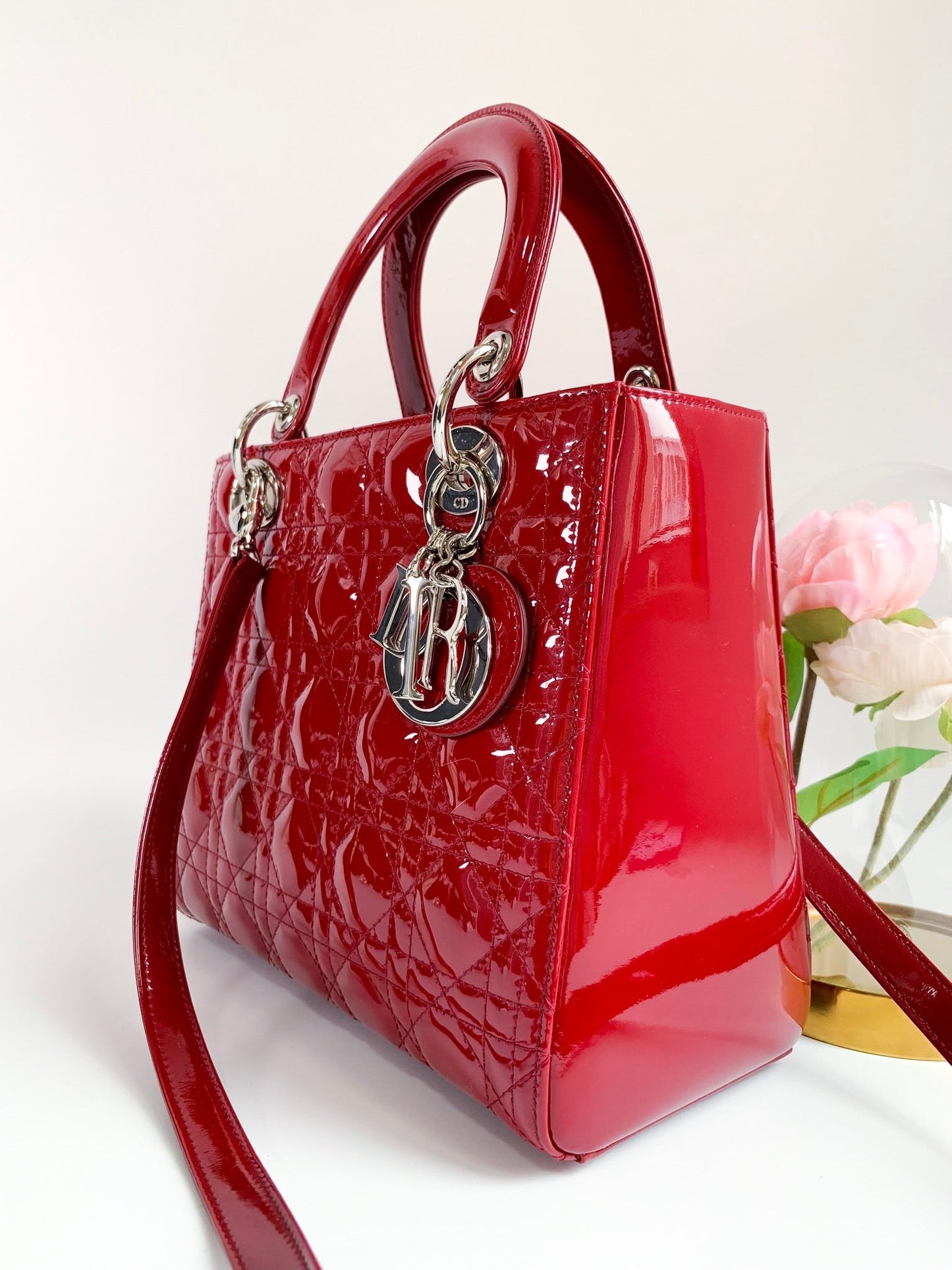 Christian Dior Patent Cannage Medium Lady Dior Red Silver Hardware