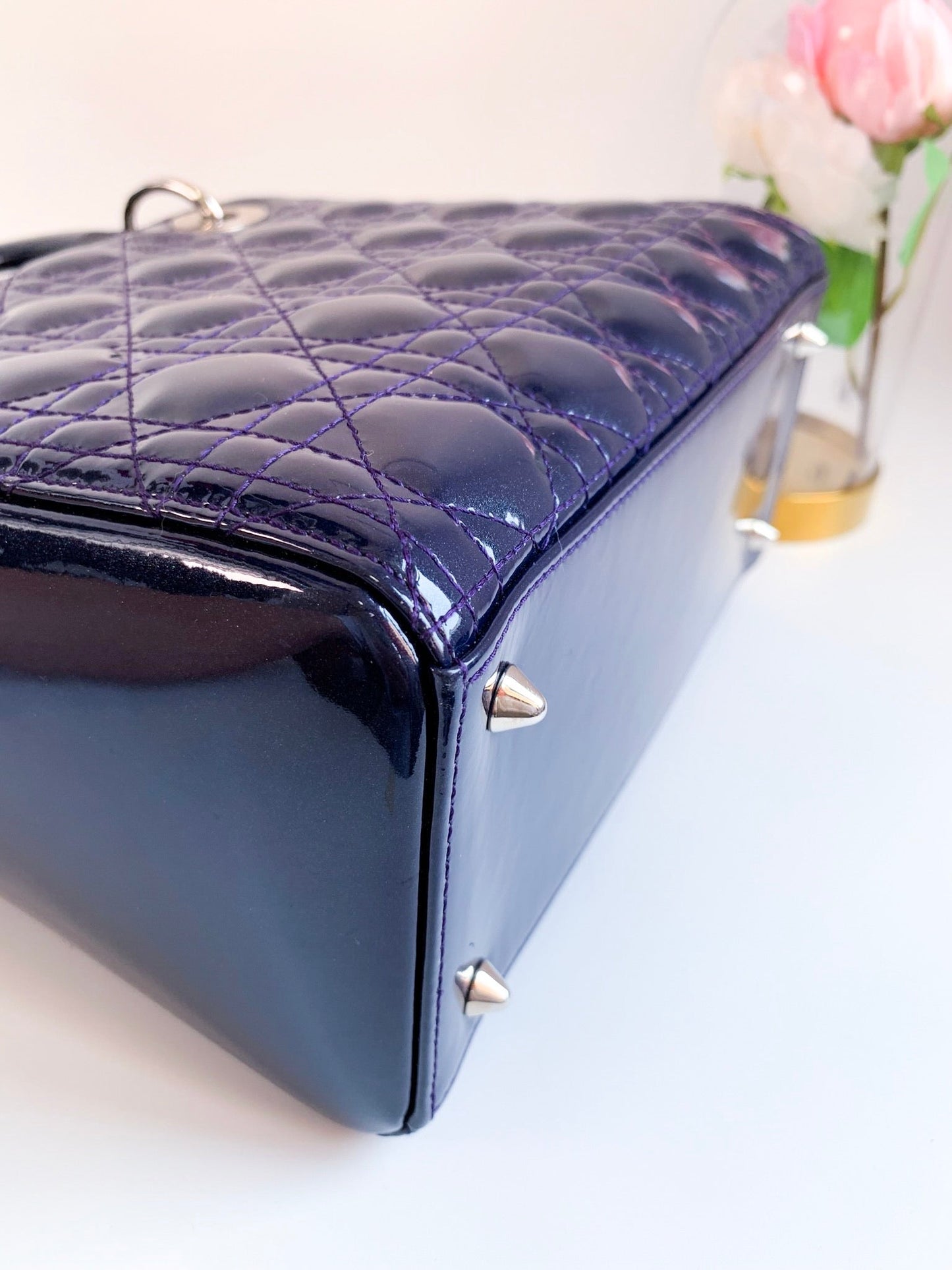 Christian Dior Patent Cannage Medium Lady Dior Navy Blue Silver Hardware