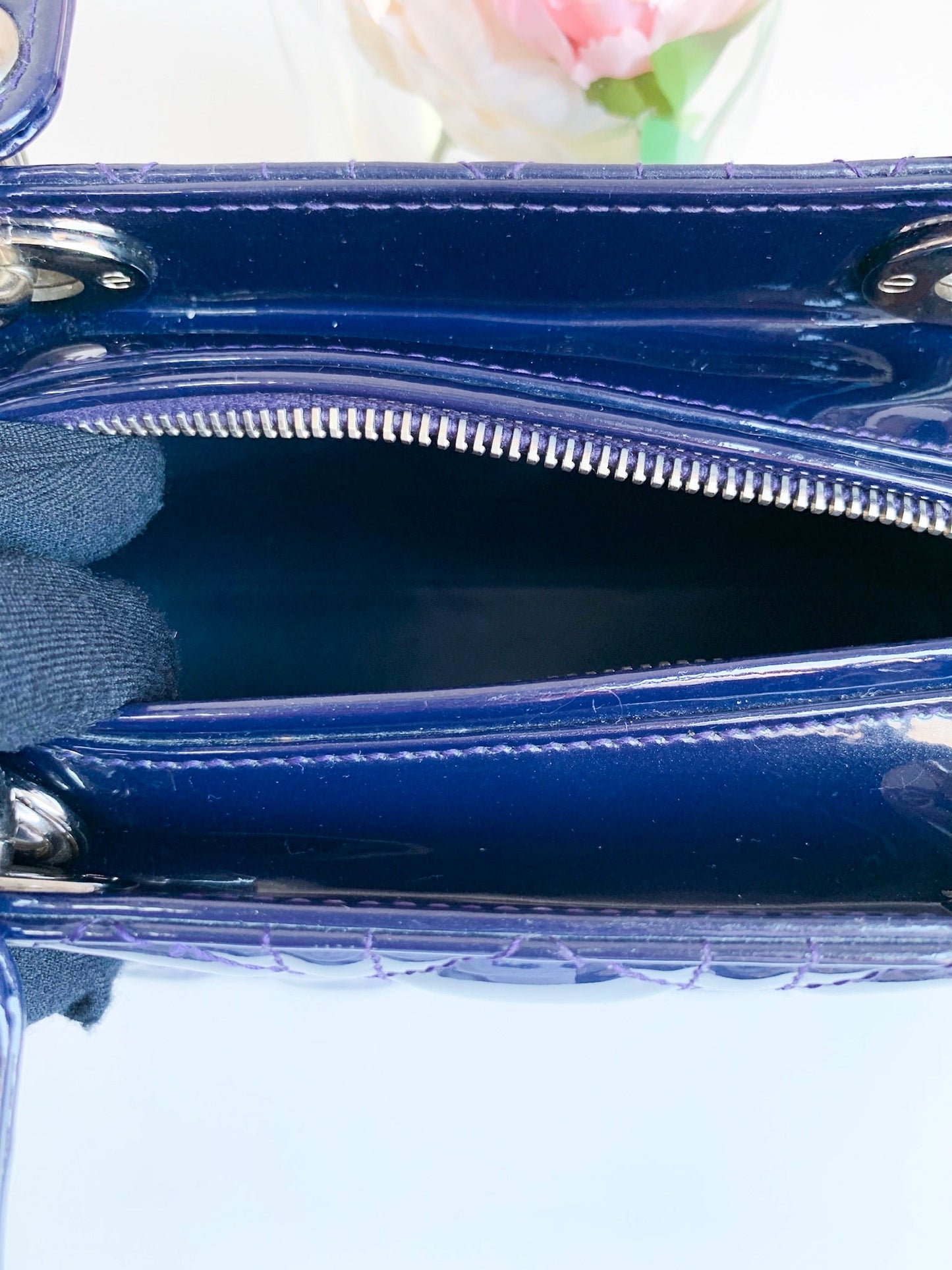 Christian Dior Patent Cannage Medium Lady Dior Navy Blue Silver Hardware