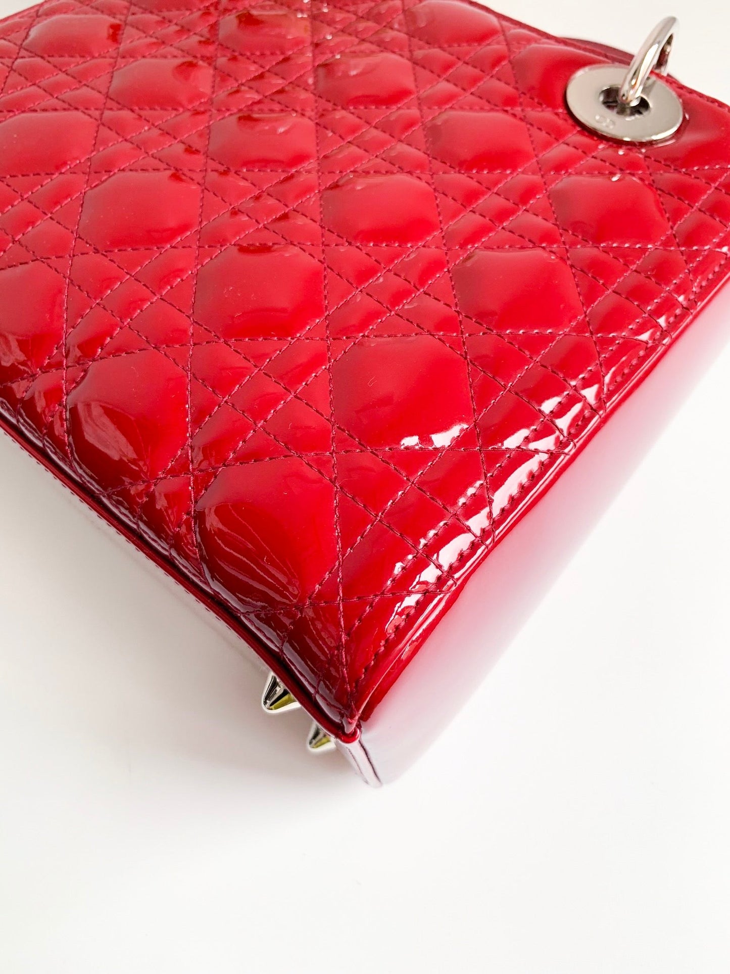Christian Dior Patent Cannage Medium Lady Dior Red Silver Hardware