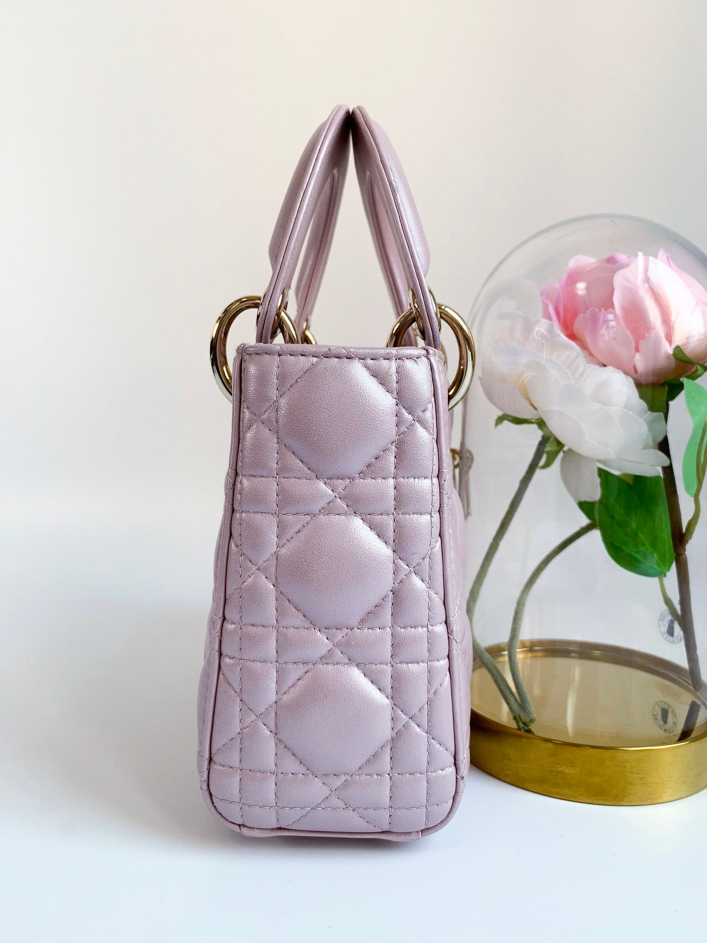 Christian Dior Metallic Calfskin Cannage Mini Lady Dior Pink