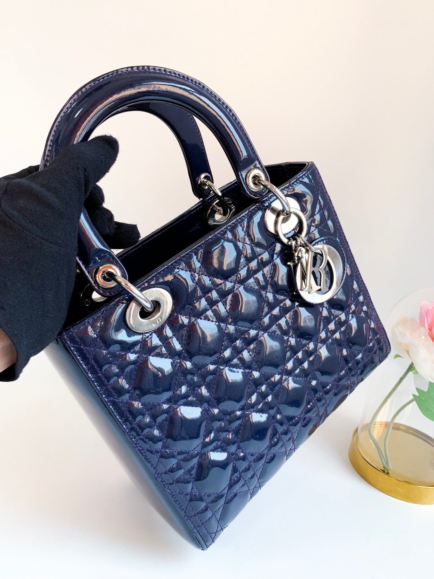 Christian Dior Patent Cannage Medium Lady Dior Navy Blue Silver Hardware