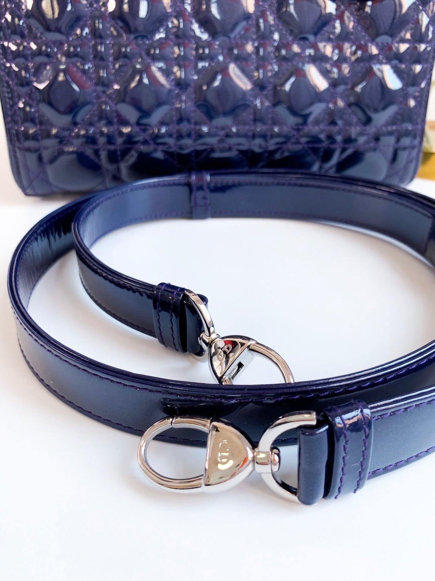 Christian Dior Patent Cannage Medium Lady Dior Navy Blue Silver Hardware