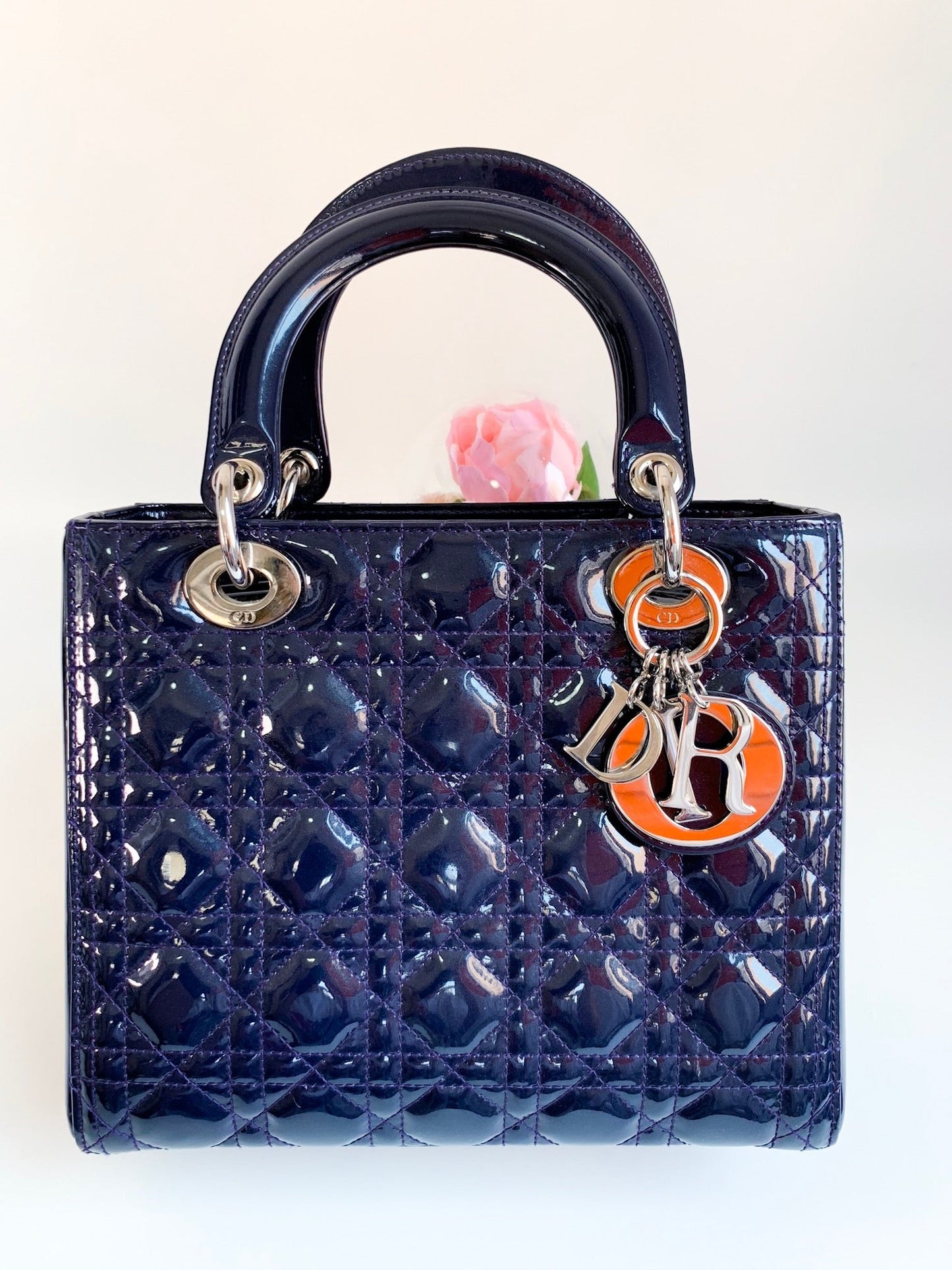 Christian Dior Patent Cannage Medium Lady Dior Navy Blue Silver Hardware
