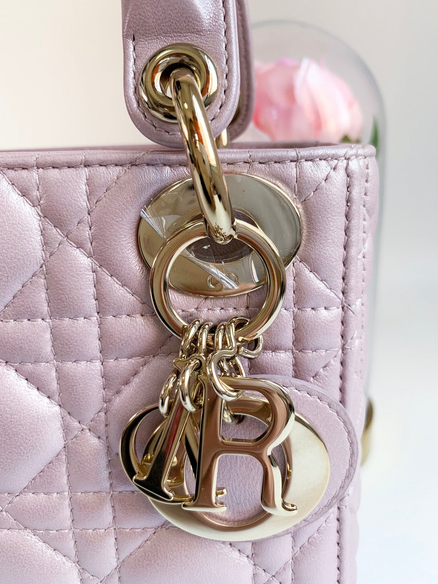 Christian Dior Metallic Calfskin Cannage Mini Lady Dior Pink
