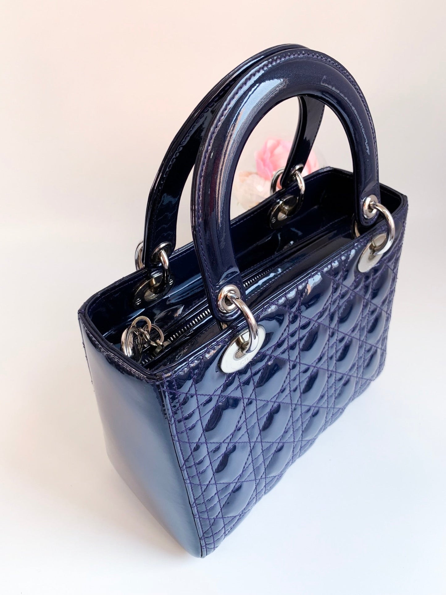 Christian Dior Patent Cannage Medium Lady Dior Navy Blue Silver Hardware