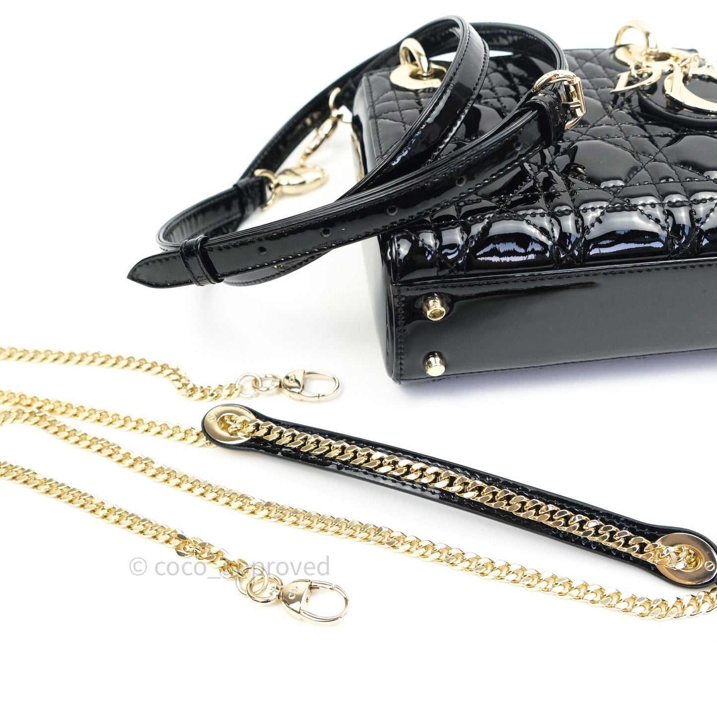 Christian Dior Mini Lady Dior Black Patent Light Gold Hardware