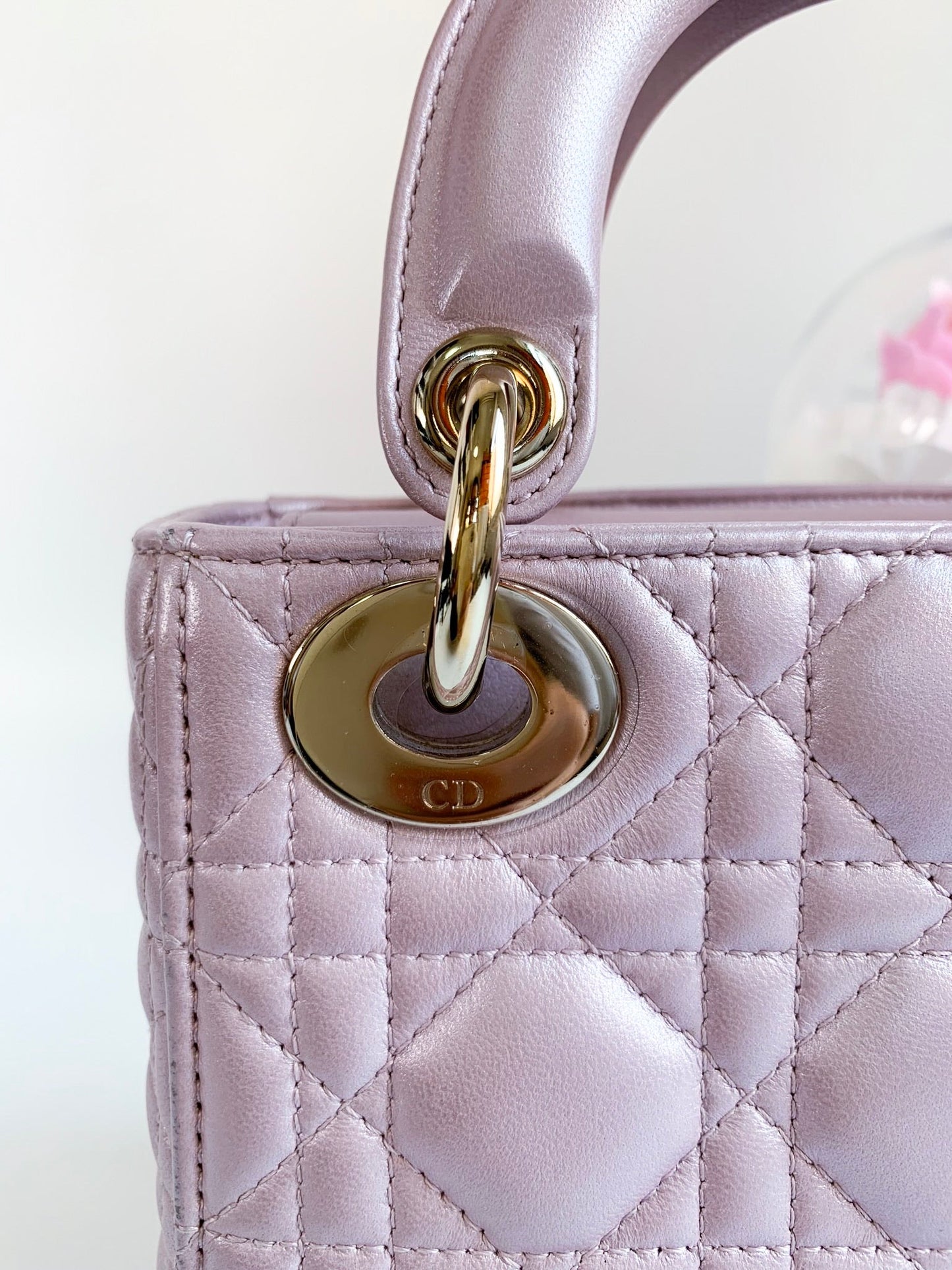 Christian Dior Metallic Calfskin Cannage Mini Lady Dior Pink
