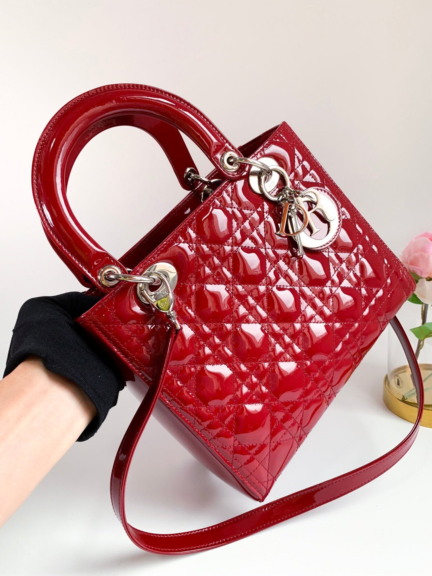 Christian Dior Patent Cannage Medium Lady Dior Red Silver Hardware