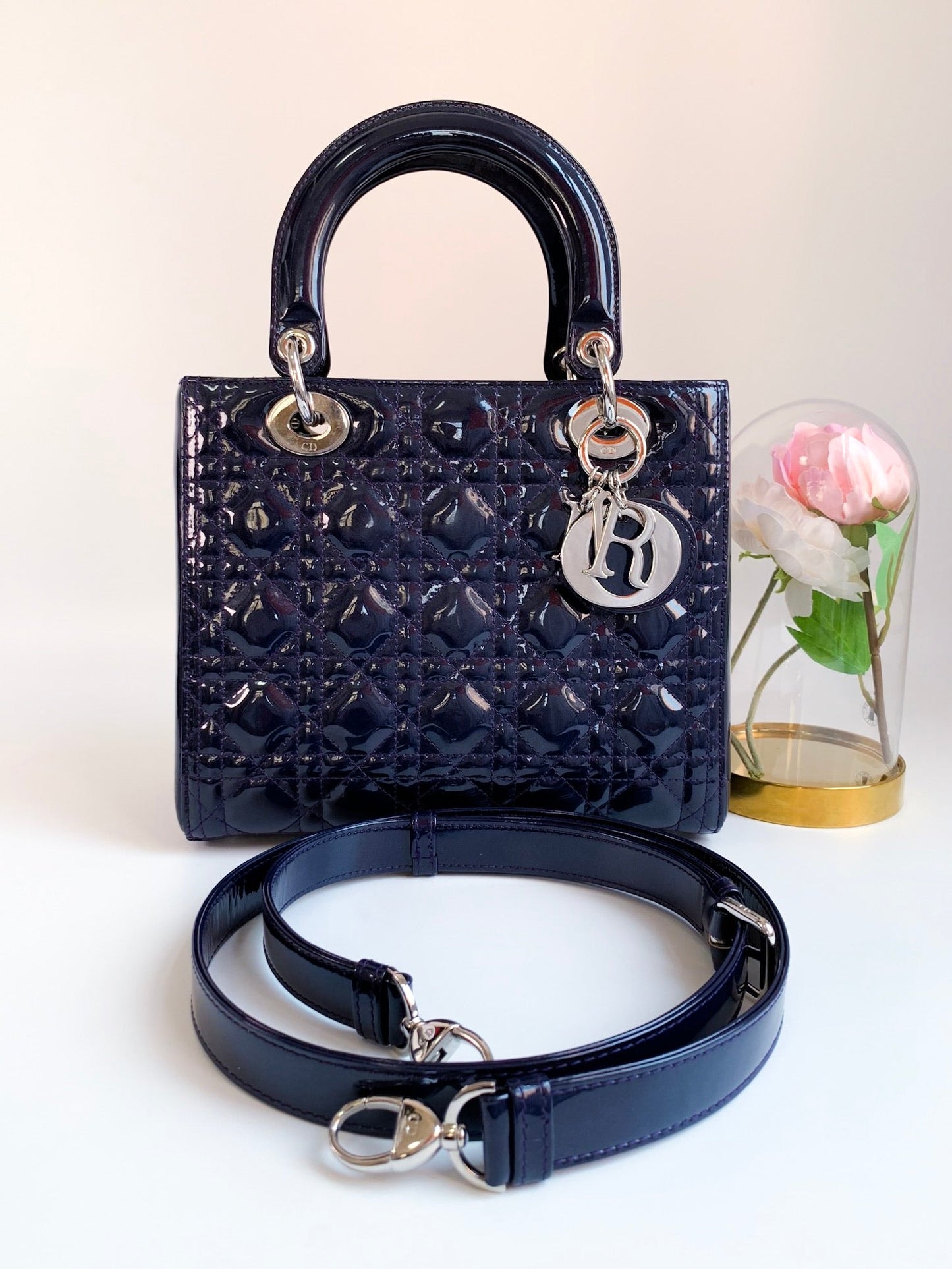 Christian Dior Patent Cannage Medium Lady Dior Navy Blue Silver Hardware