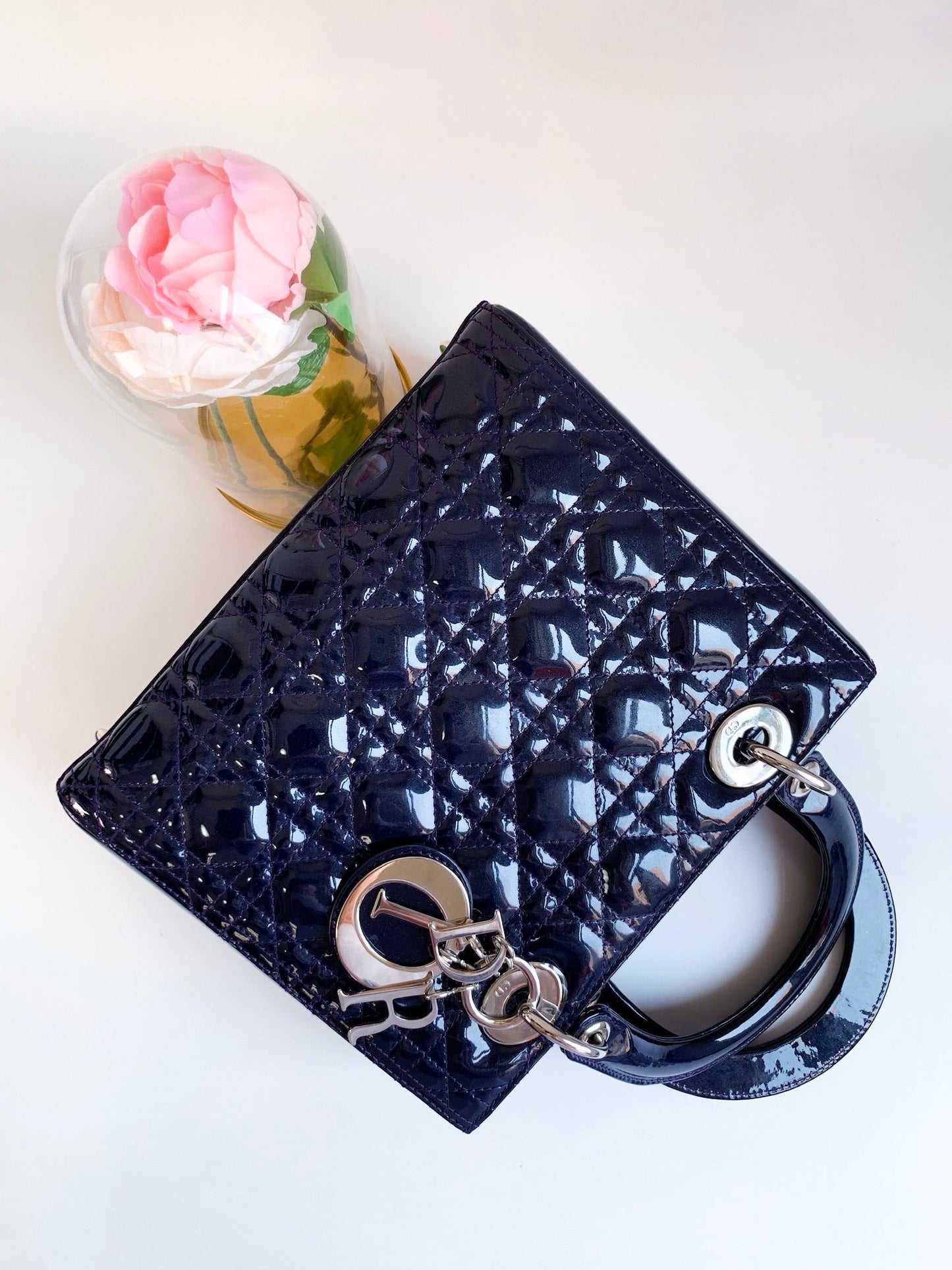 Christian Dior Patent Cannage Medium Lady Dior Navy Blue Silver Hardware