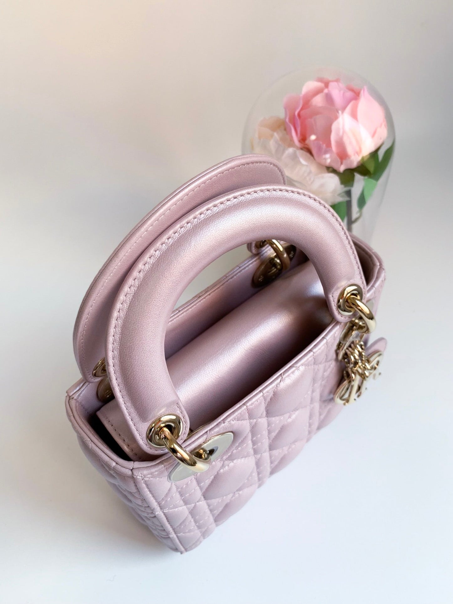 Christian Dior Metallic Calfskin Cannage Mini Lady Dior Pink