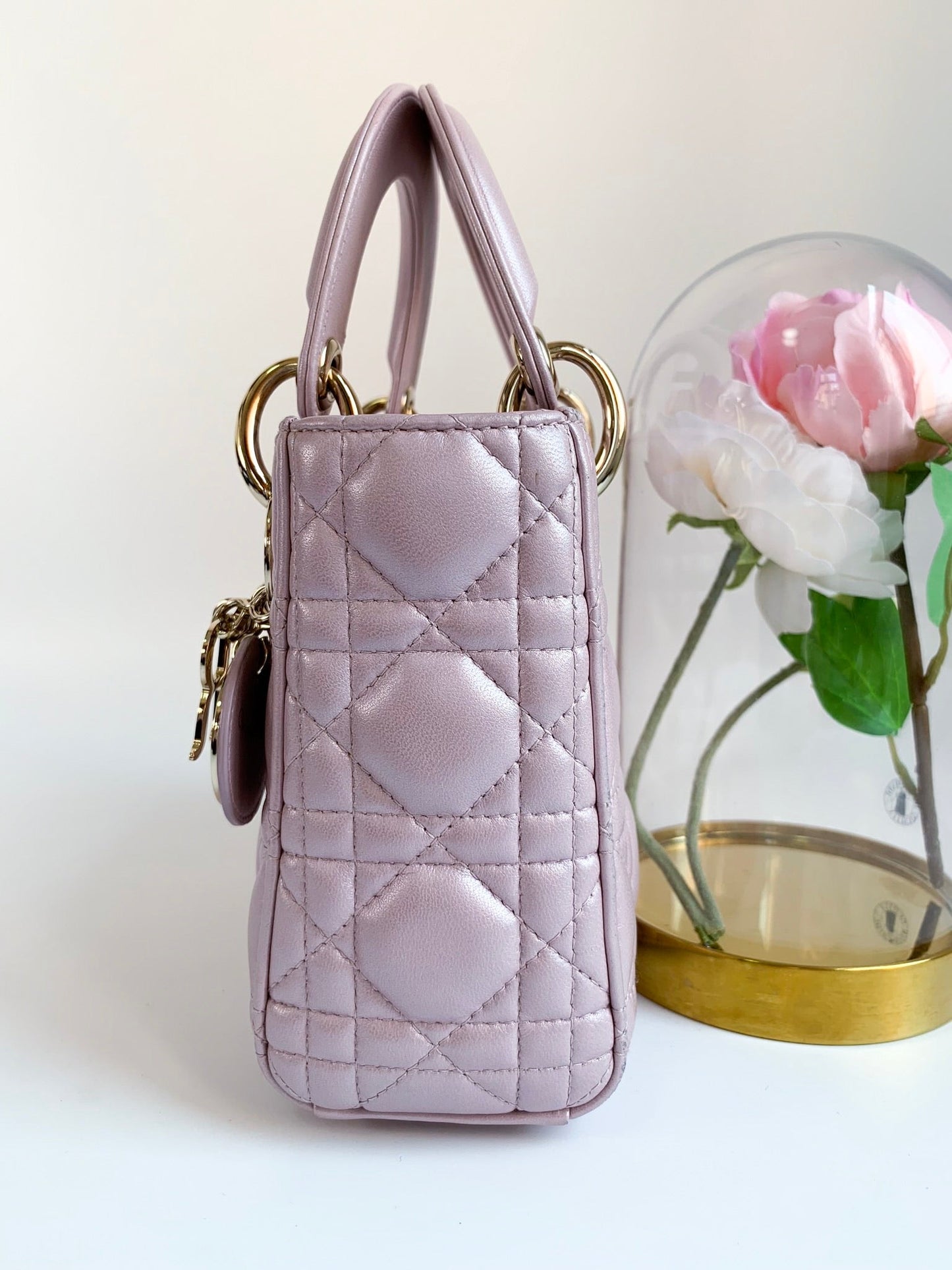 Christian Dior Metallic Calfskin Cannage Mini Lady Dior Pink