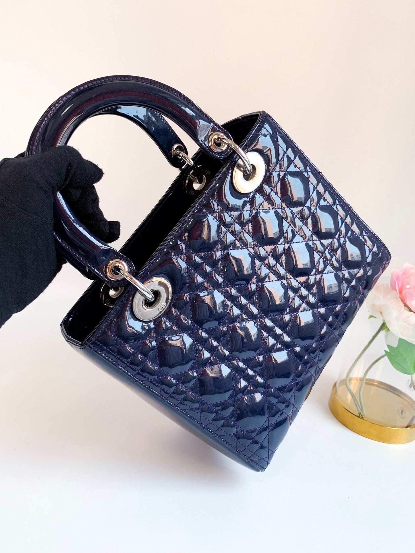 Christian Dior Patent Cannage Medium Lady Dior Navy Blue Silver Hardware