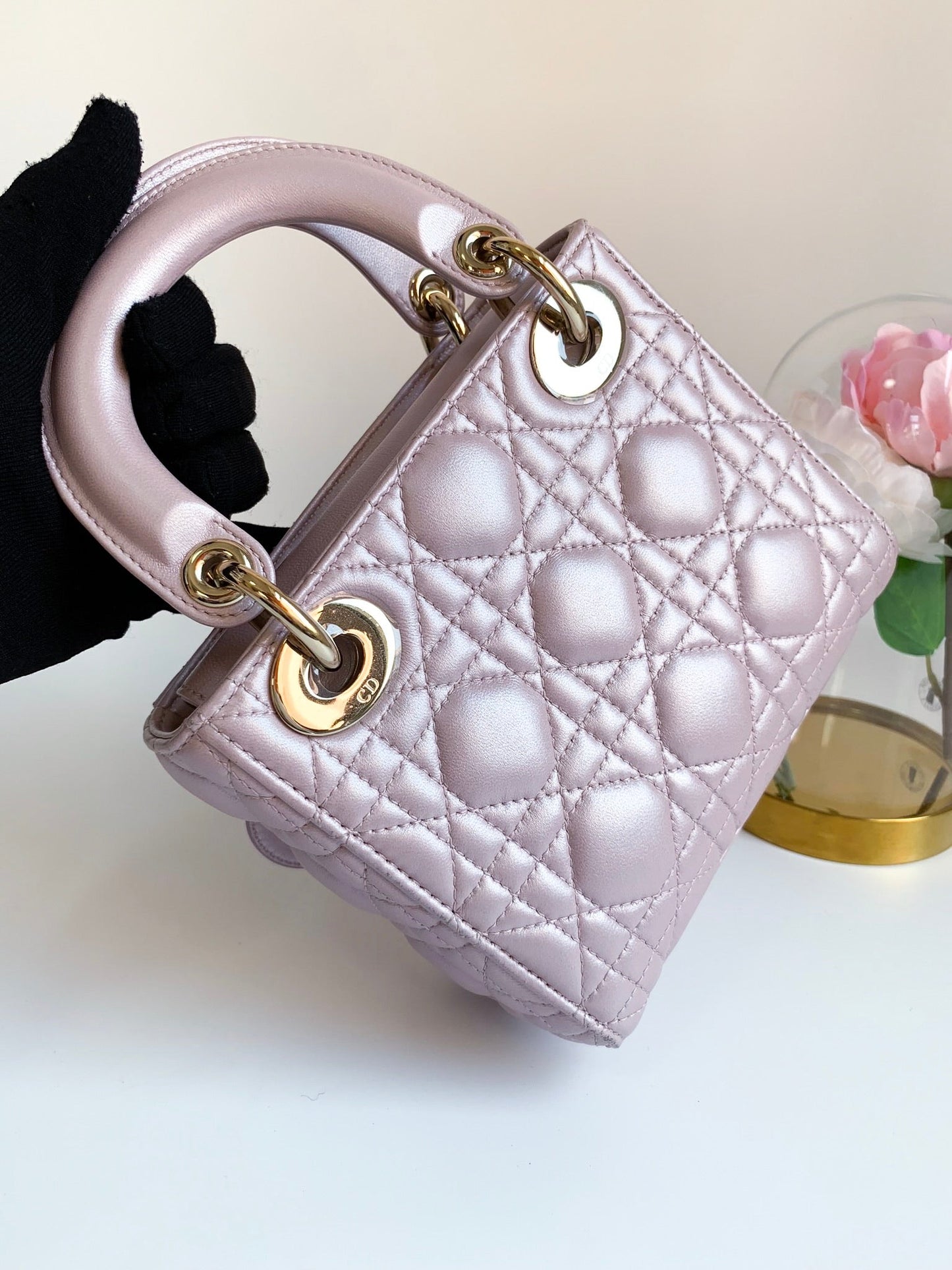 Christian Dior Metallic Calfskin Cannage Mini Lady Dior Pink
