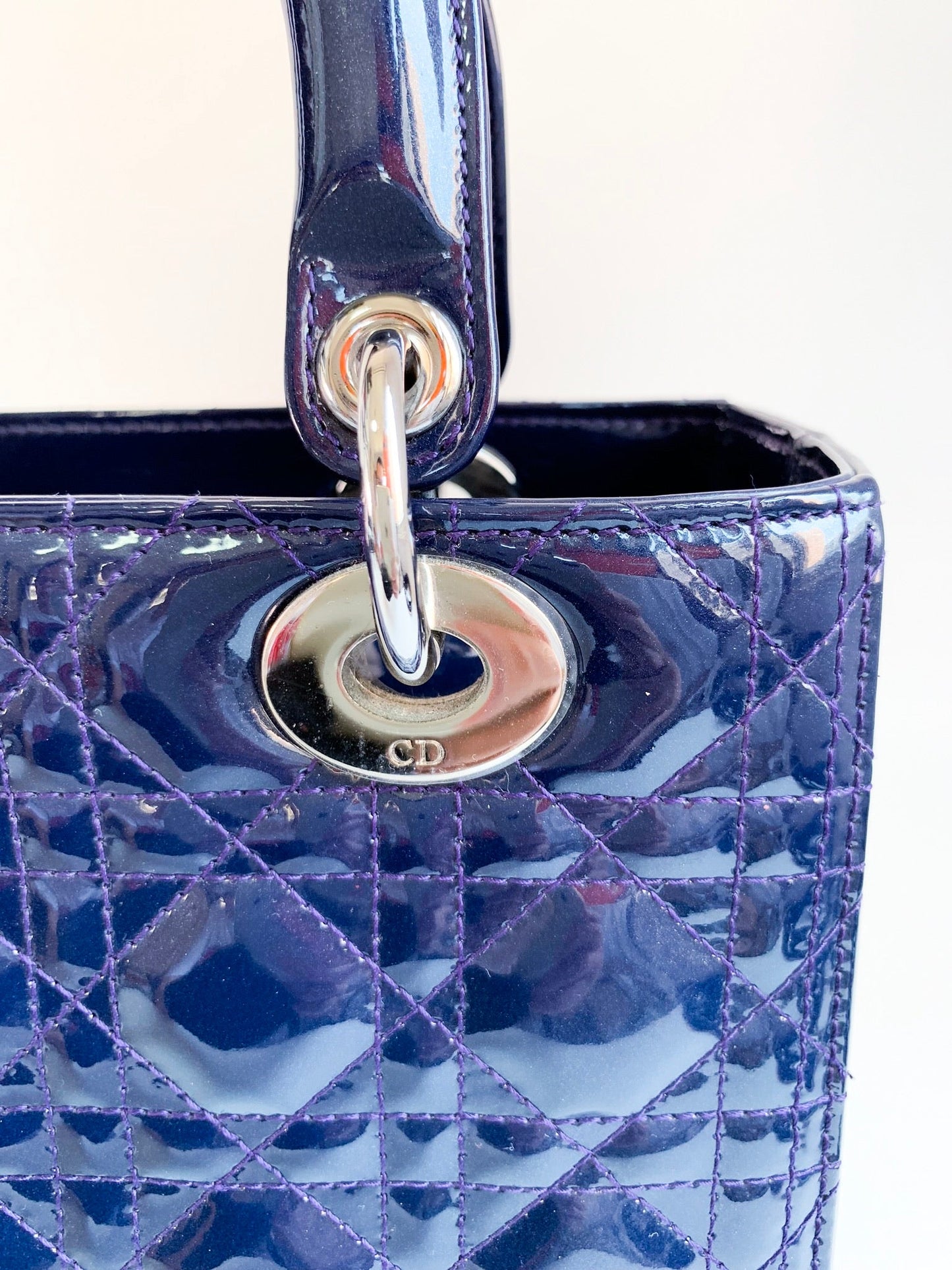 Christian Dior Patent Cannage Medium Lady Dior Navy Blue Silver Hardware
